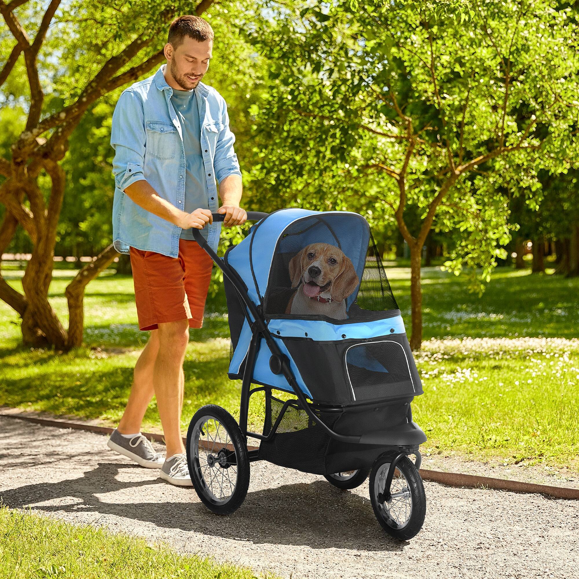 Angle. Pawhut - 3 Wheels Pet Stroller for Small & Medium Dogs, Foldable Cat Jogger with Adjustable Canopy, Safety Tether, Cushion.