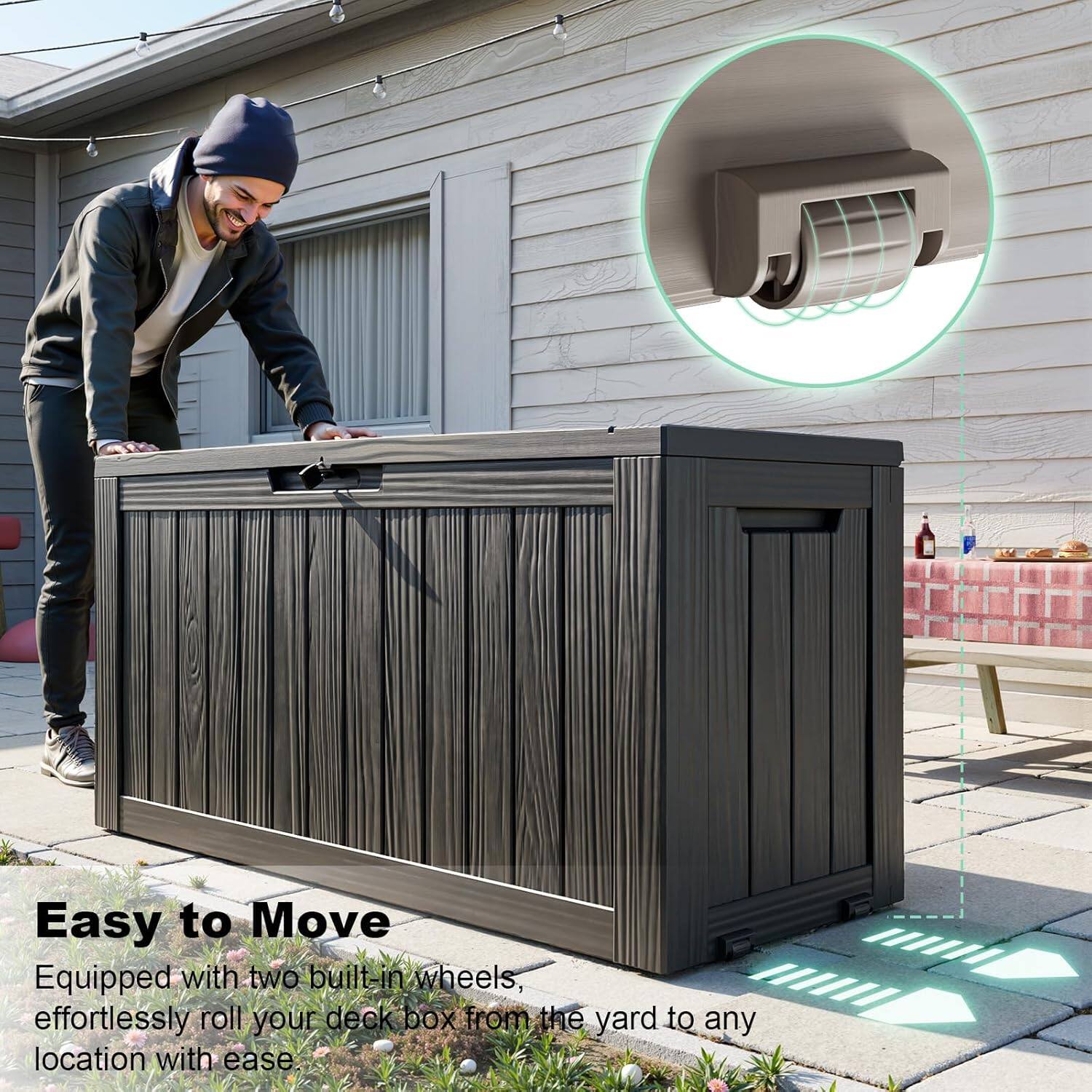 Easy to Move  
Equipped with two built-in wheels, effortlessly roll your deck box from the yard to any location with ease.