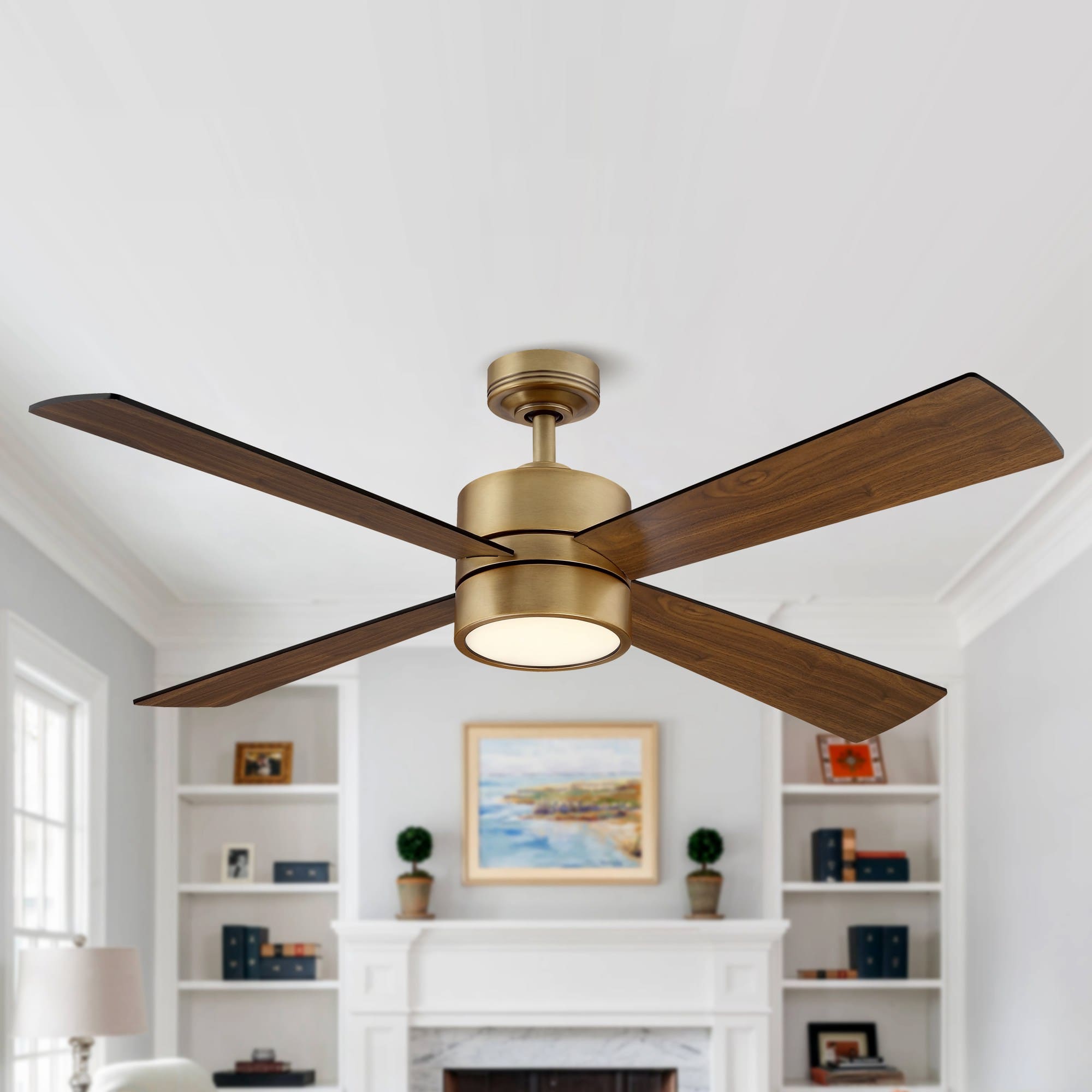 Front. Parrot Uncle - 52" Antique Brass Ceiling Fan with LED Light and Remote - Brass.