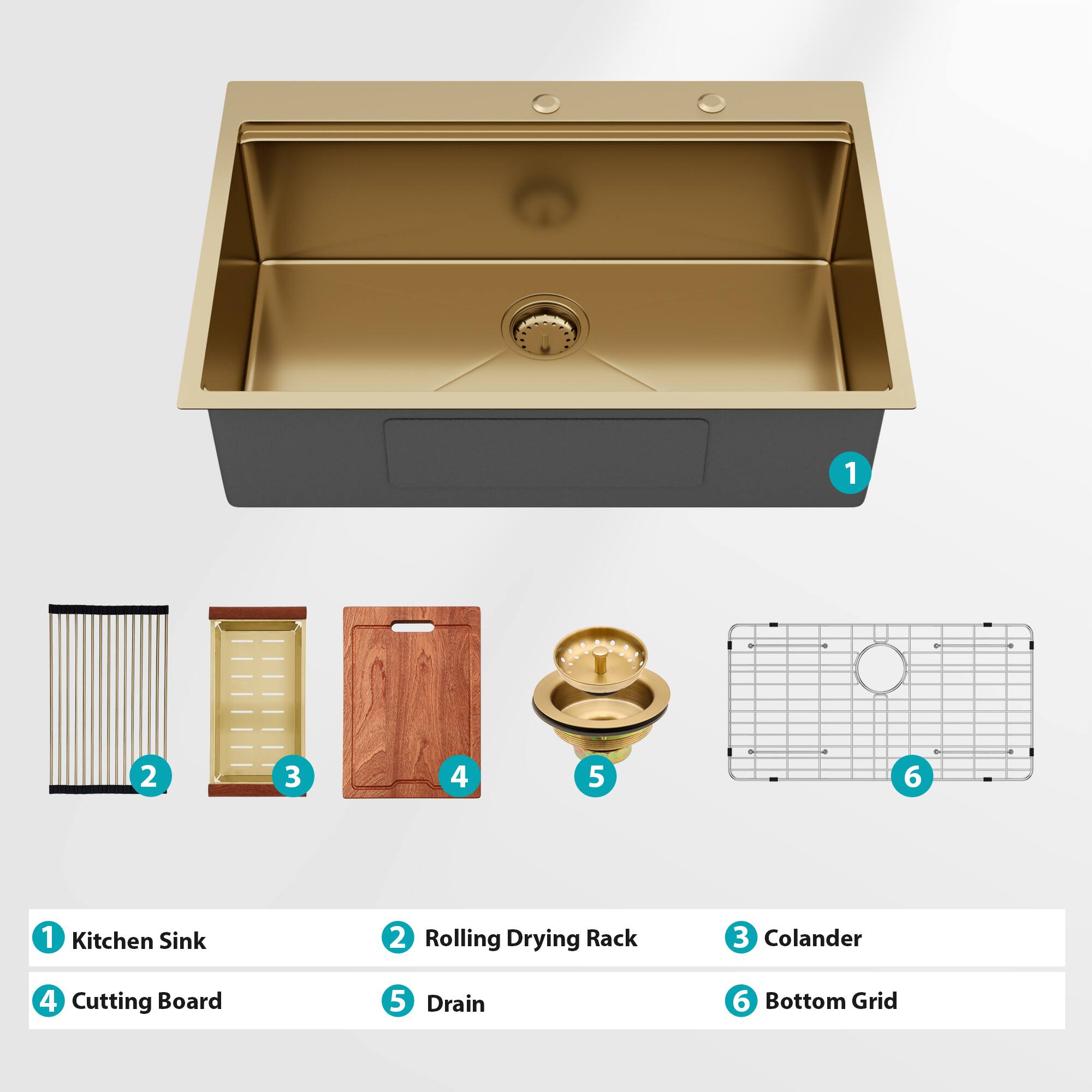 1. Kitchen Sink  
2. Rolling Drying Rack  
3. Colander  
4. Cutting Board  
5. Drain  
6. Bottom Grid
