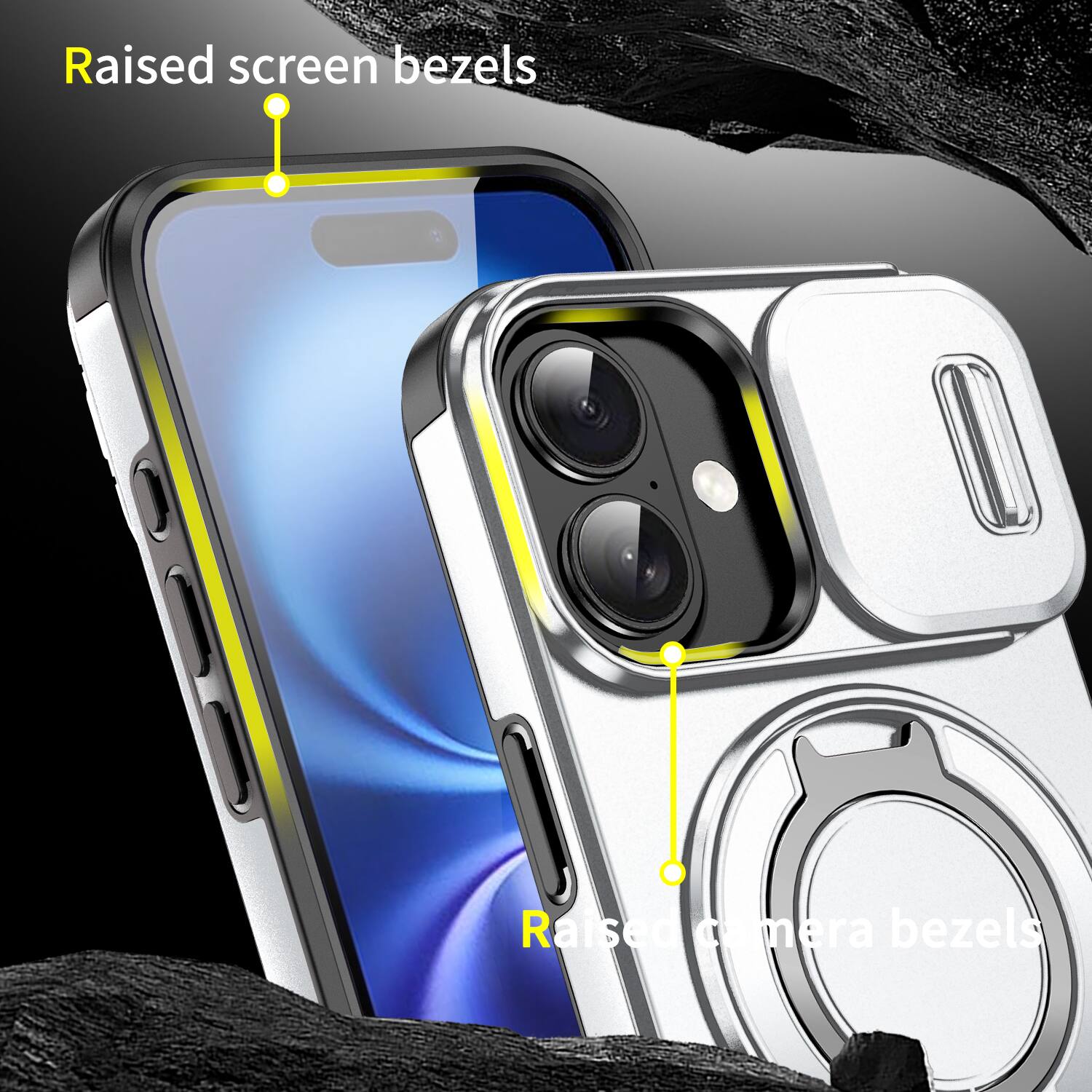 Raised screen bezels  
Raised camera bezels