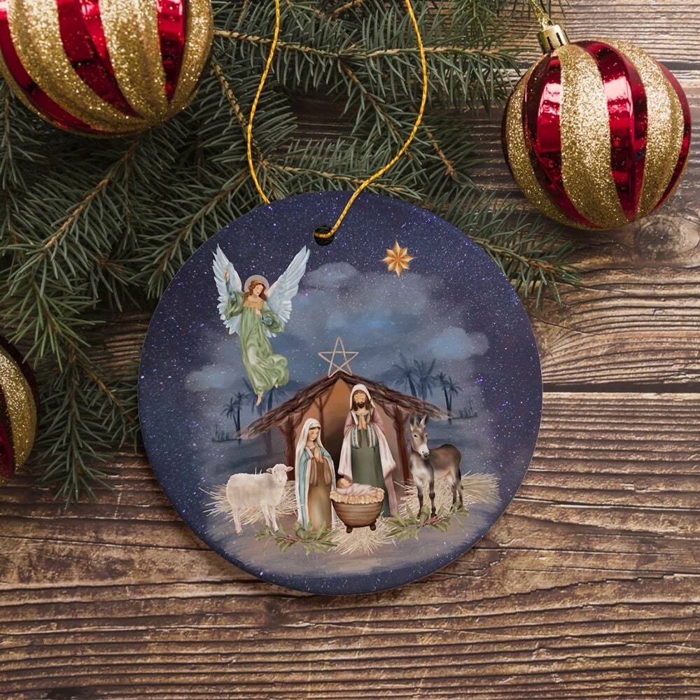 Back. OrnamentallyYou - Jesus and Mary Nativity Night Art Illustration Christmas Ornament - Multi-colored.
