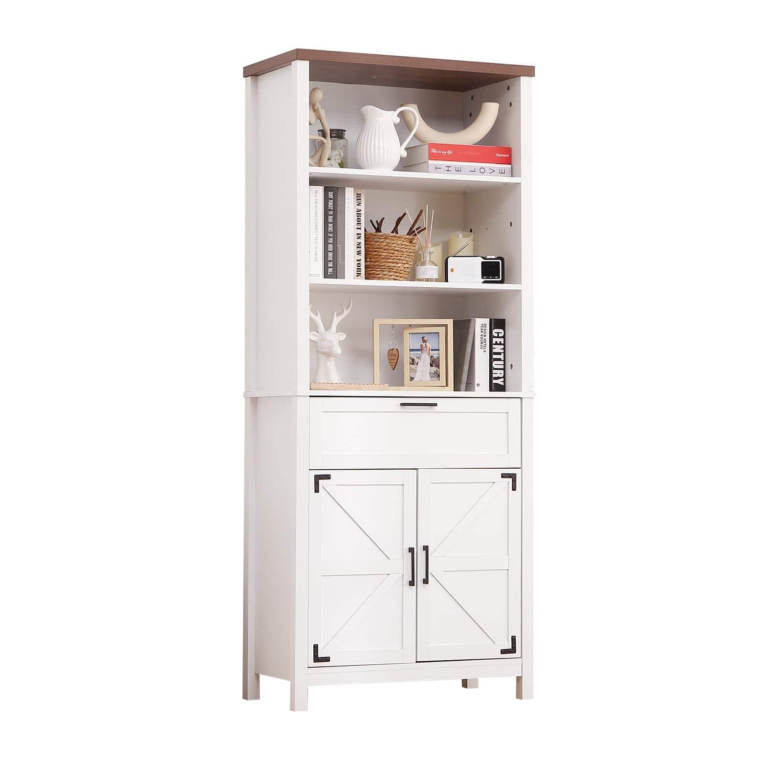 Jojoka - 72" Farmhouse Tall Bookcase with Drawer and Barn Doors, 6-Tier Wooden Storage Cabinet with Adjustable Shelves - White