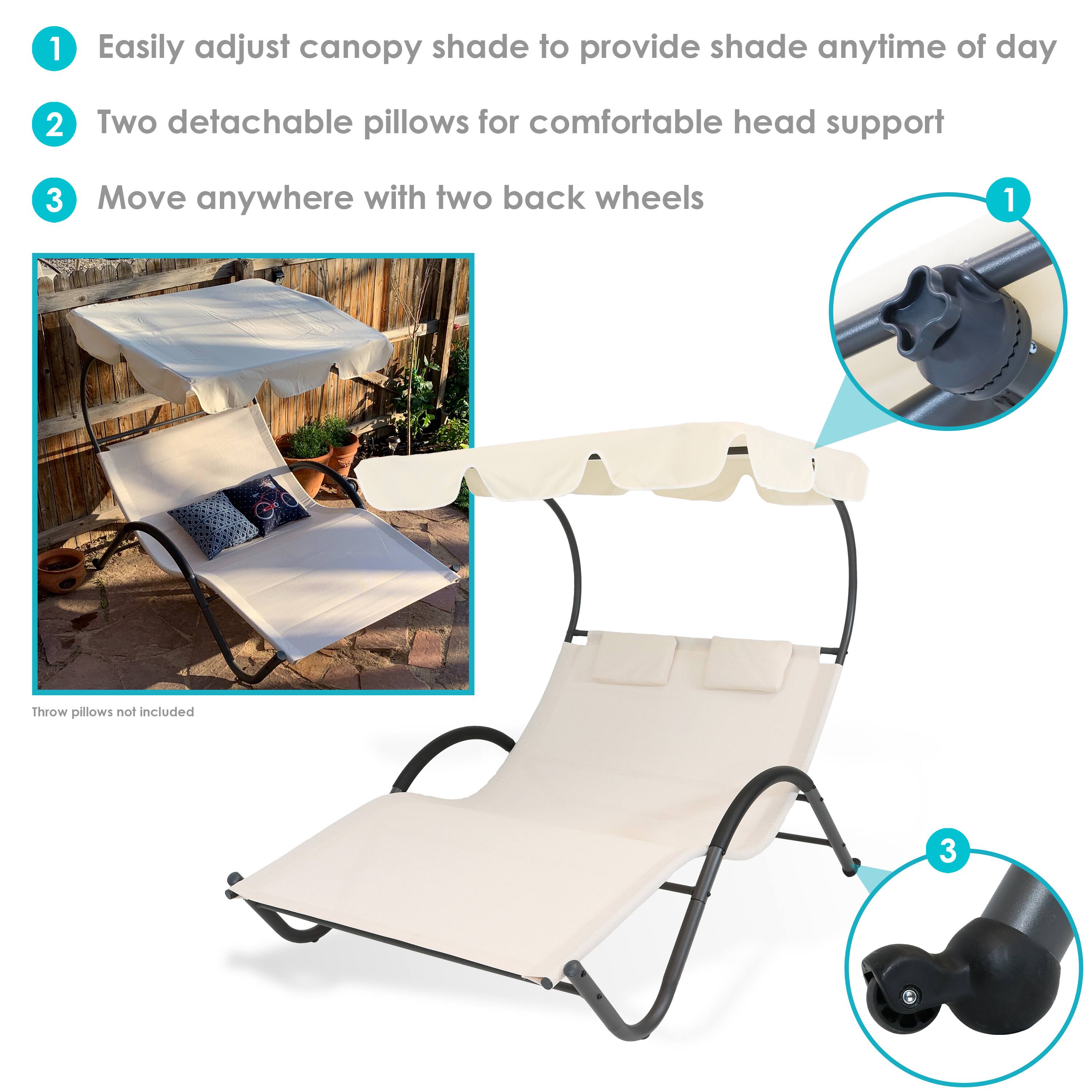 1. Easily adjust canopy shade to provide shade anytime of day
2. Two detachable pillows for comfortable head support
3. Move anywhere with two back wheels

Throw pillows not included