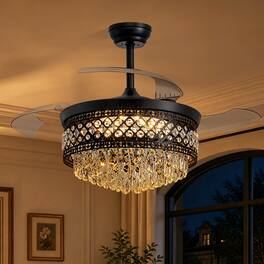 Siljoy - 42-Inch 3Blade Downrod Round K9 Crystal Retractable Blades Fan Chandelier For Dining Living Kitchen Foyer - Black