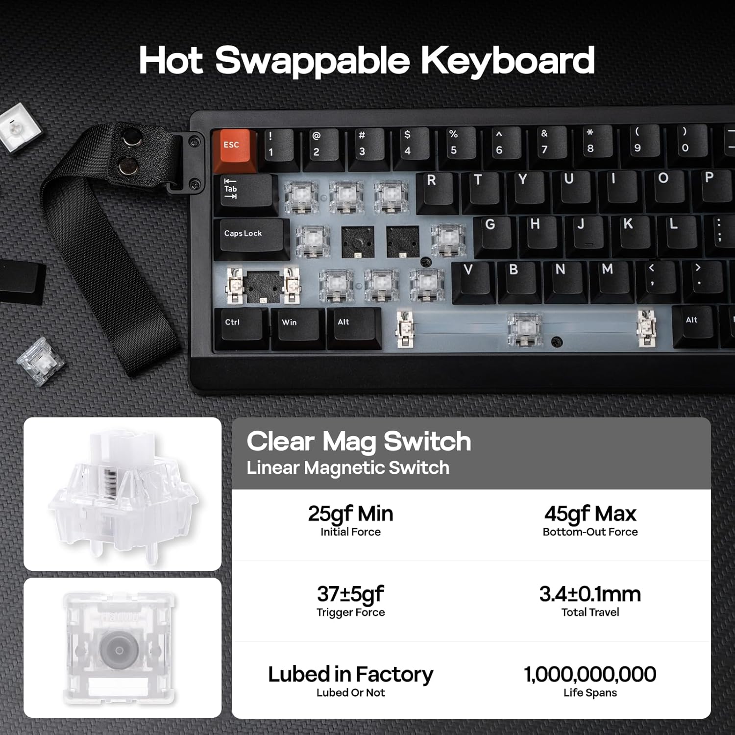 Hot Swappable Keyboard

ESC ! 1 2 # 3 $ 4 % 5 A 6 & 7 . 8 : 9 ) 0 f Tab R T Y U I o P Caps Lock G H J K L : V B N M < > Ctrl Win Alt Alt Clear Mag Switch

Linear Magnetic Switch

25gf Min Initial Force  
45gf Max Bottom-Out Force  
37±5gf Trigger Force  
3.4±0.1mm Total Travel  
Lubed in Factory  
1,000,000,000 Life Spans
