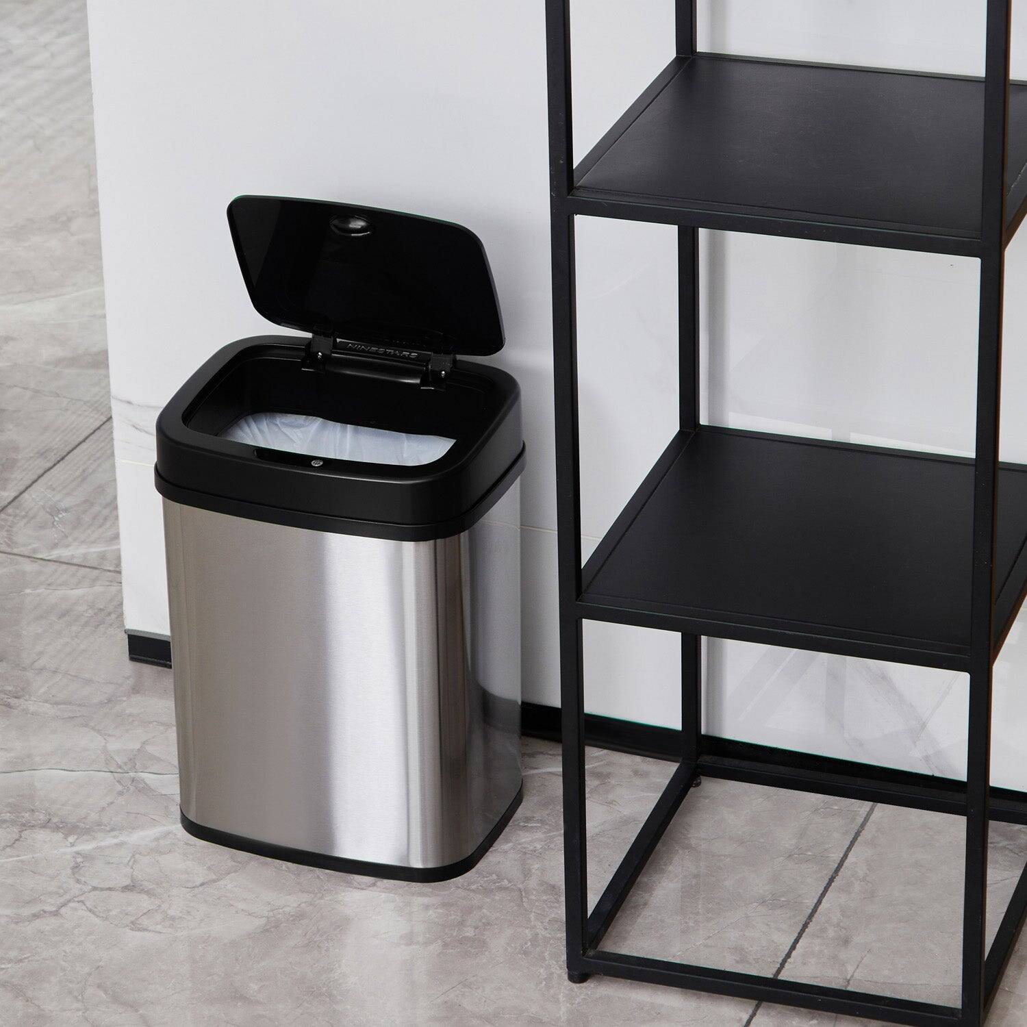 Back. Nine Stars - Rectangular Motion Sensor Trash Can 3.2 Gallon ABS.