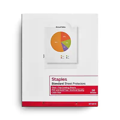 Annual Sales
1% Staples Standard Sheet Protectors
Clear Top-Loading Sheets
PVC and Acid Free - Archival Quality
50 Letter Size Sheets
ST10519
