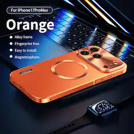 Dteck - Aluminum Metal Frame PC Back Drop Protection Shockproof Mag Safe Case Camera Lens Cover For Apple iPhone 17 Pro Max - Orange