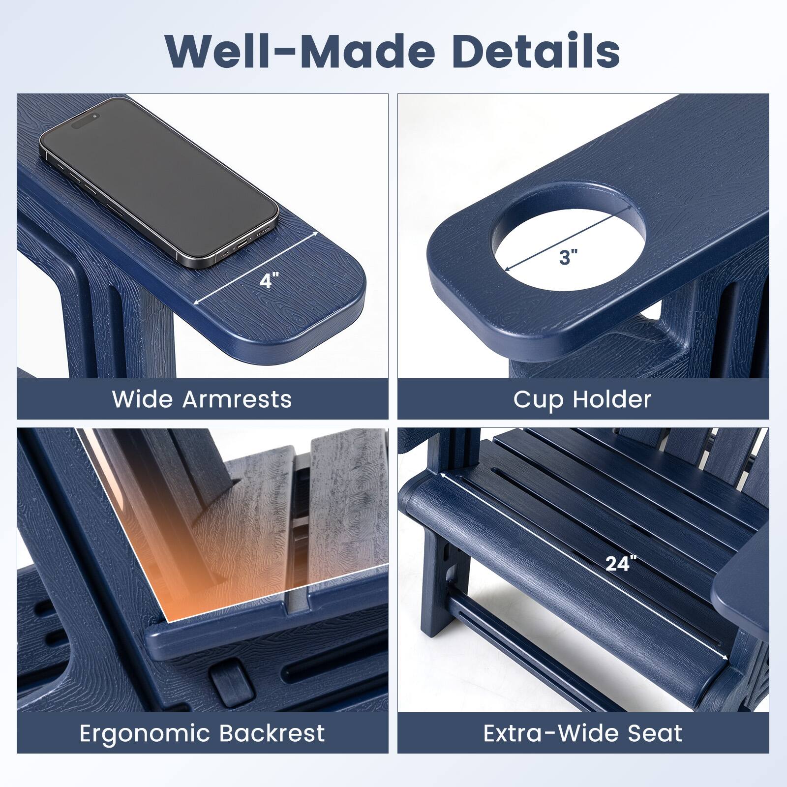 Well-Made Details

- 4" Wide Armrests
- 3" Cup Holder
- 24" Ergonomic Backrest
- Extra-Wide Seat