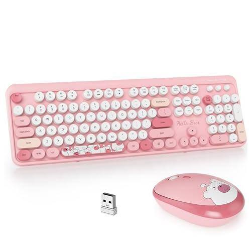 Comfort Essence - Gtsp Colorful Pink Wireless And Mouse Combo Typewriter Full-size Retro Cute Office 2.4ghz With Round Keycaps - Bear-pink