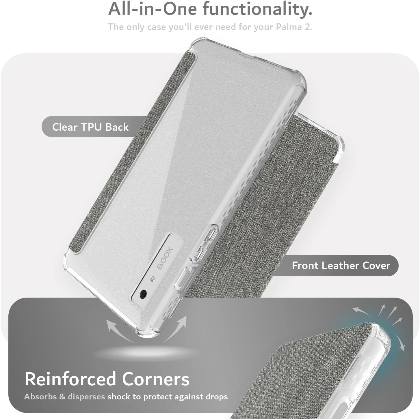 All-in-One functionality.  
The only case you'll ever need for your Palma 2.  

Clear TPU Back  
Front Leather Cover  
Reinforced Corners  
Absorbs & disperses shock to protect against drops