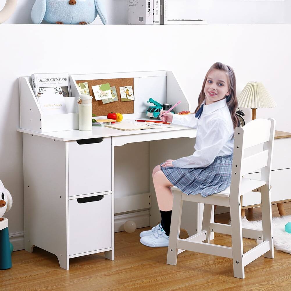Homhougo - Study Desk and Chair Set with Bookshelf - Ideal Learning Desk for Ages 3-8, Great for Homework - White