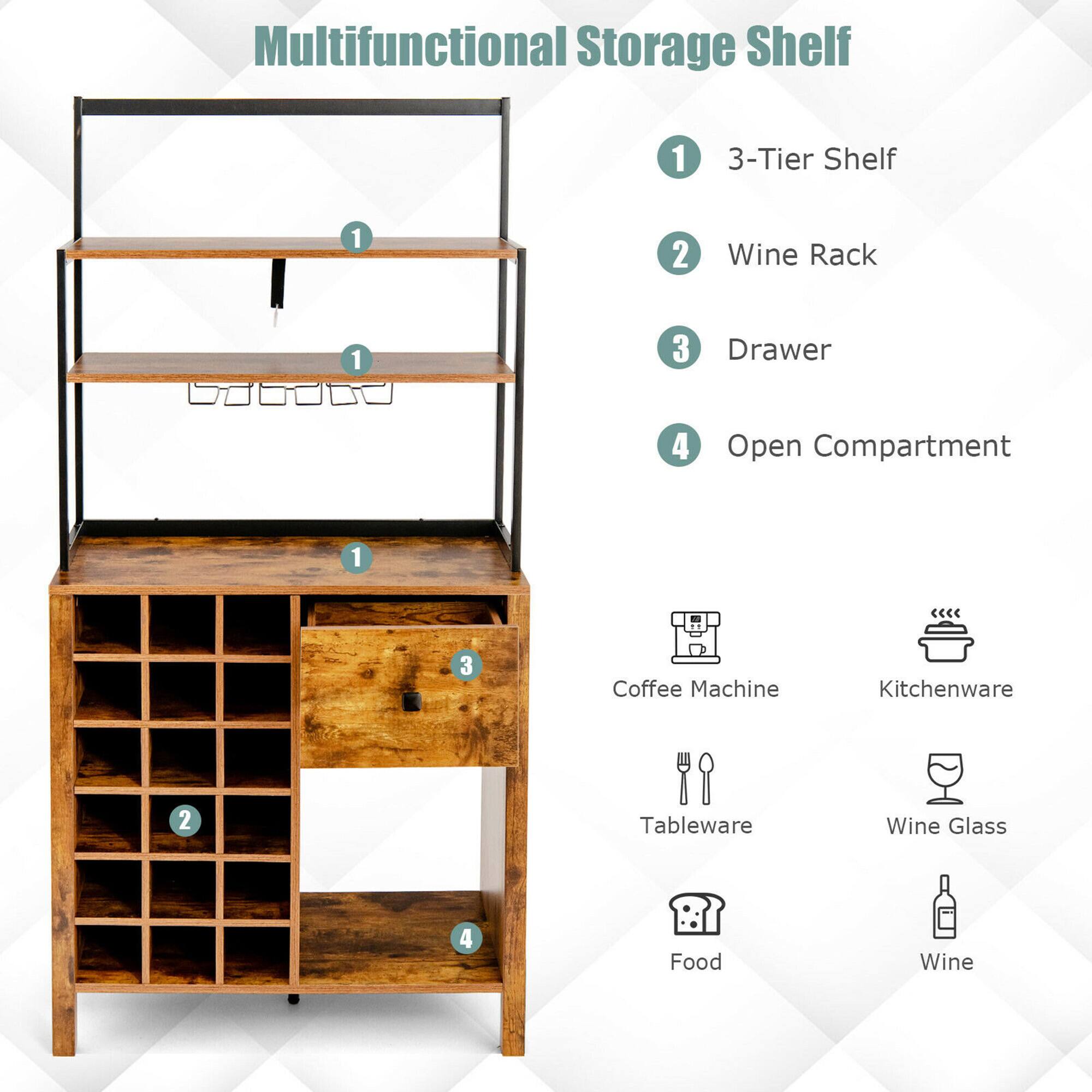 Multifunctional Storage Shelf

1. 3-Tier Shelf
2. Wine Rack
3. Drawer
4. Open Compartment

- Coffee Machine
- Kitchenware
- Tableware
- Wine Glass
- Food
- Wine