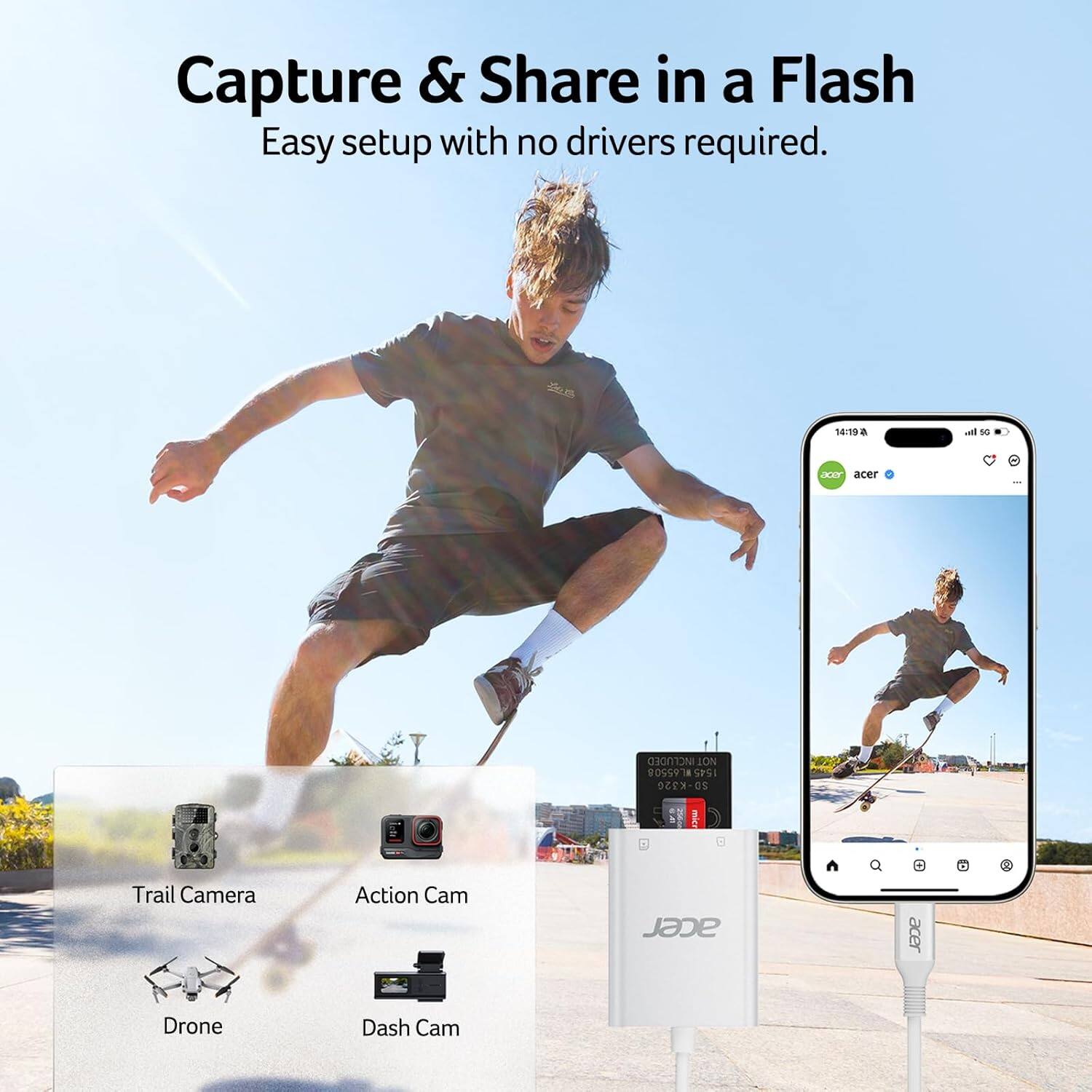 Capture & Share in a Flash  
Easy setup with no drivers required.  

14:19 & all 18 A acer : OIOITON LON OSS9 . 5PS1 3-01 as Trail Camera Action Cam acer acer Drone Dash Cam