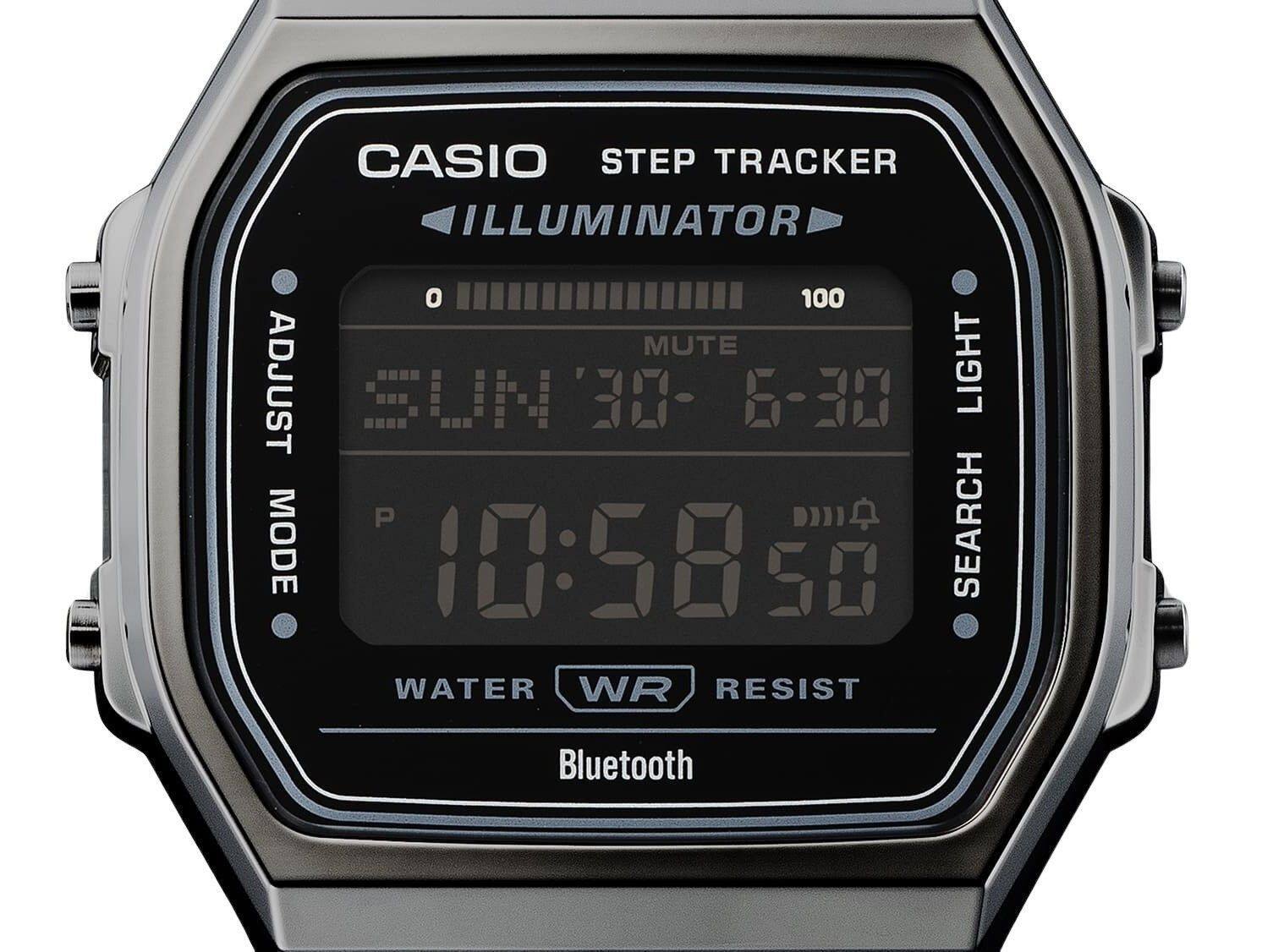 CASIO STEP TRACKER  
ILLUMINATOR  

ADJUST  
MODE  

SUN 30-6-30  

10:58:50  

MUTE  
LIGHT  

SEARCH  

WATER WR RESIST  
Bluetooth