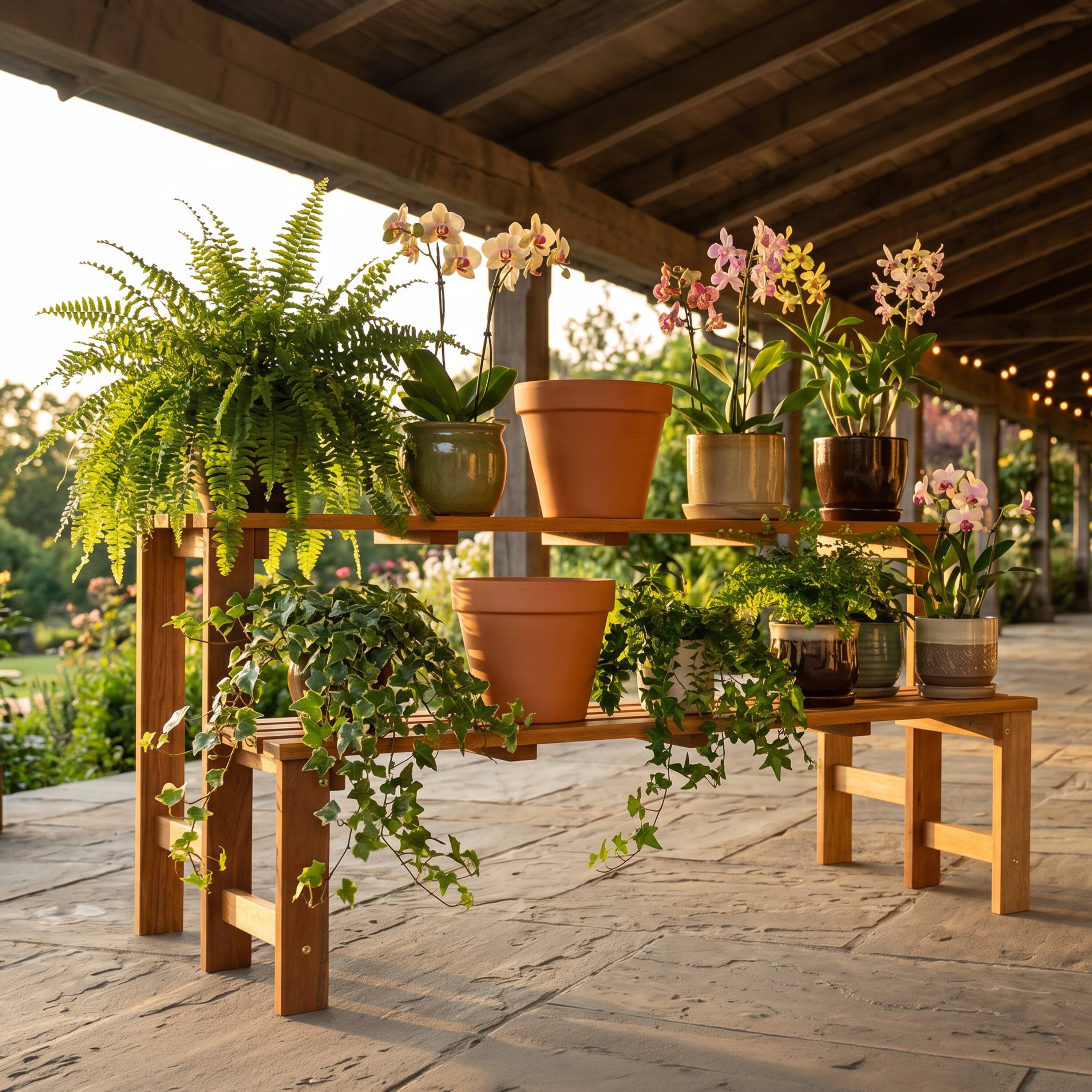 Alt View 1. Sunnydaze - 2-Tier Meranti Wood Plant Stand with Teak Oil Finish - 24 in - Brown.