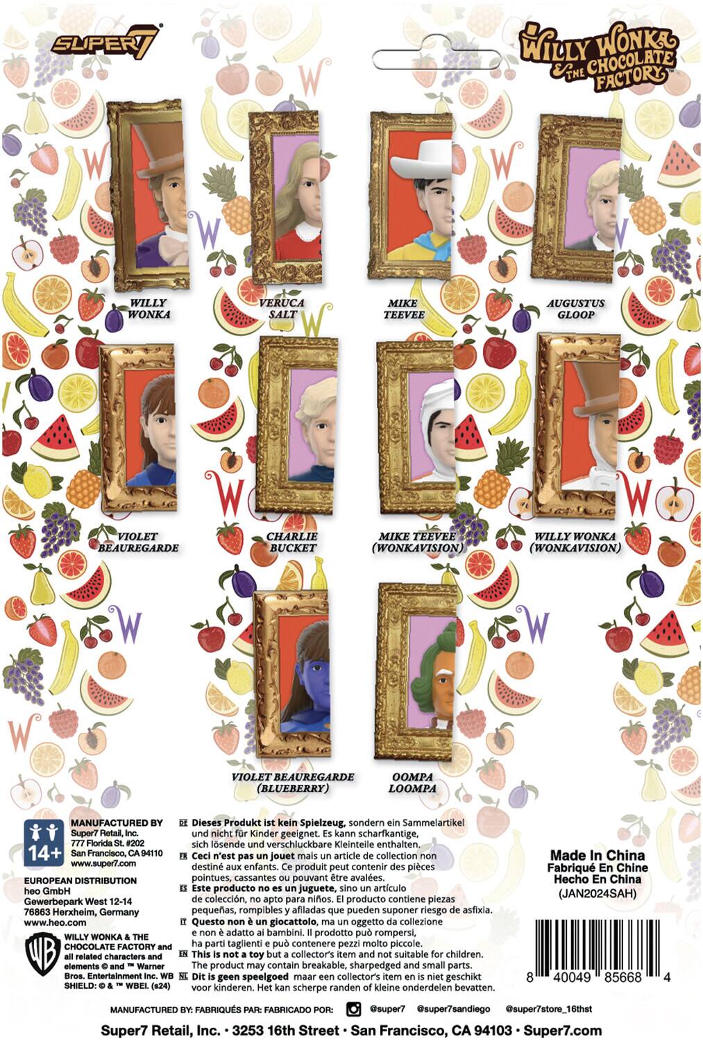 Here is the corrected and grouped text from the image:

---

**Characters:**
- Willy Wonka
- Veruca Salt
- Mike Teevee
- Augustus Gloop
- Violet Beauregarde
- Charlie Bucket
- Oompa Loompa (Blueberry)

**Product Information:**
- Super7 Retail, Florida #202
- 14+ Francisco, 94110
- www.super7.com
- EUROPEAN DISTRIBUTION heo GmbH Gewerbepark West 12-14 76863 Herxheim, Germany
- www.heo.com
- Warner Bros. Entertainment
- SHIELD: WBEL (s24)

**Warning:**
- Dieses Produkt kein Spielzeug, sondern Sammelartikel und nicht Kinder geeignet. Kann scharfkantige, sich lösende und verschluckbare Kleinteile enthalten.
- Ceci n'est pas un jouet mais un article de collection, destiné aux enfants. Produit peut contenir des pièces pointues, cassantes pouvant être avalées.
- Este producto no es juguete, sino artículo de colección, apto para niños. Producto contiene piezas pequeñas, rompibles y afiladas que pueden suponer riesgo de asfixia.
- Questo giocattolo, oggetto di collezione, non è adatto ai bambini. Il prodotto contiene piccoli, frammenti e spigoli che possono rappresentare un pericolo di soffocamento.

**Manufacturing:**
- Super7 Potenti, Inc.
- 777 Florida St. #202
- San Francisco, CA 94110
- www.super7.com
- Made in China

**Additional Information:**
- Macho en China
- Hecho en China

---

This text is organized into sections for clarity.
