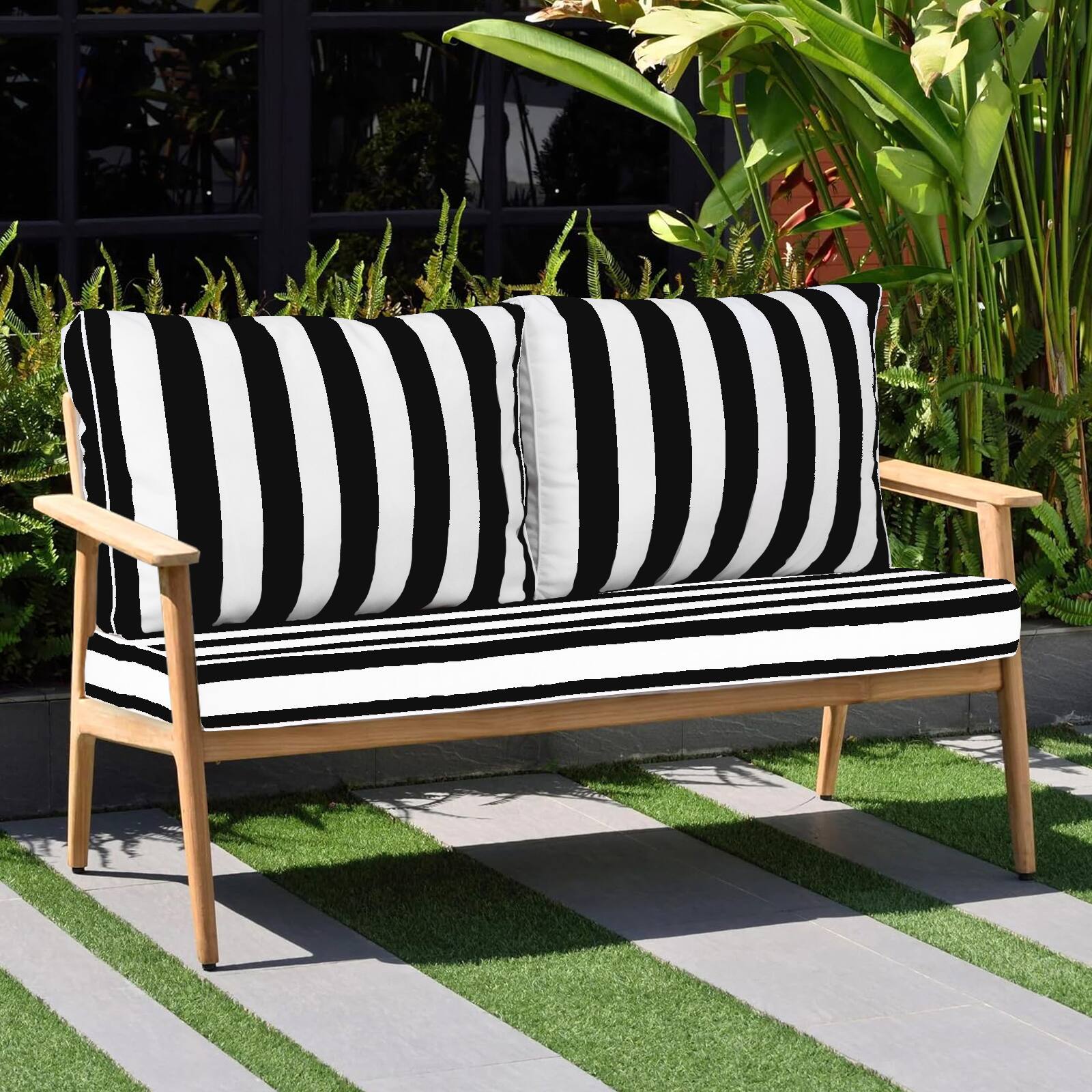 Alt View 1. Chateau Abodes - 48"x24" Outdoor Loveseat Cushion Set, Waterproof with Removable Cover, Straps & Zipper for Patio Chair, Sofa & Couch - Black and White Stripes.