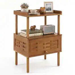 Gymax - Bamboo Rattan Nightstand Natural Side Table w/ Raised Edge Flip-Up Door Walnut - Brown