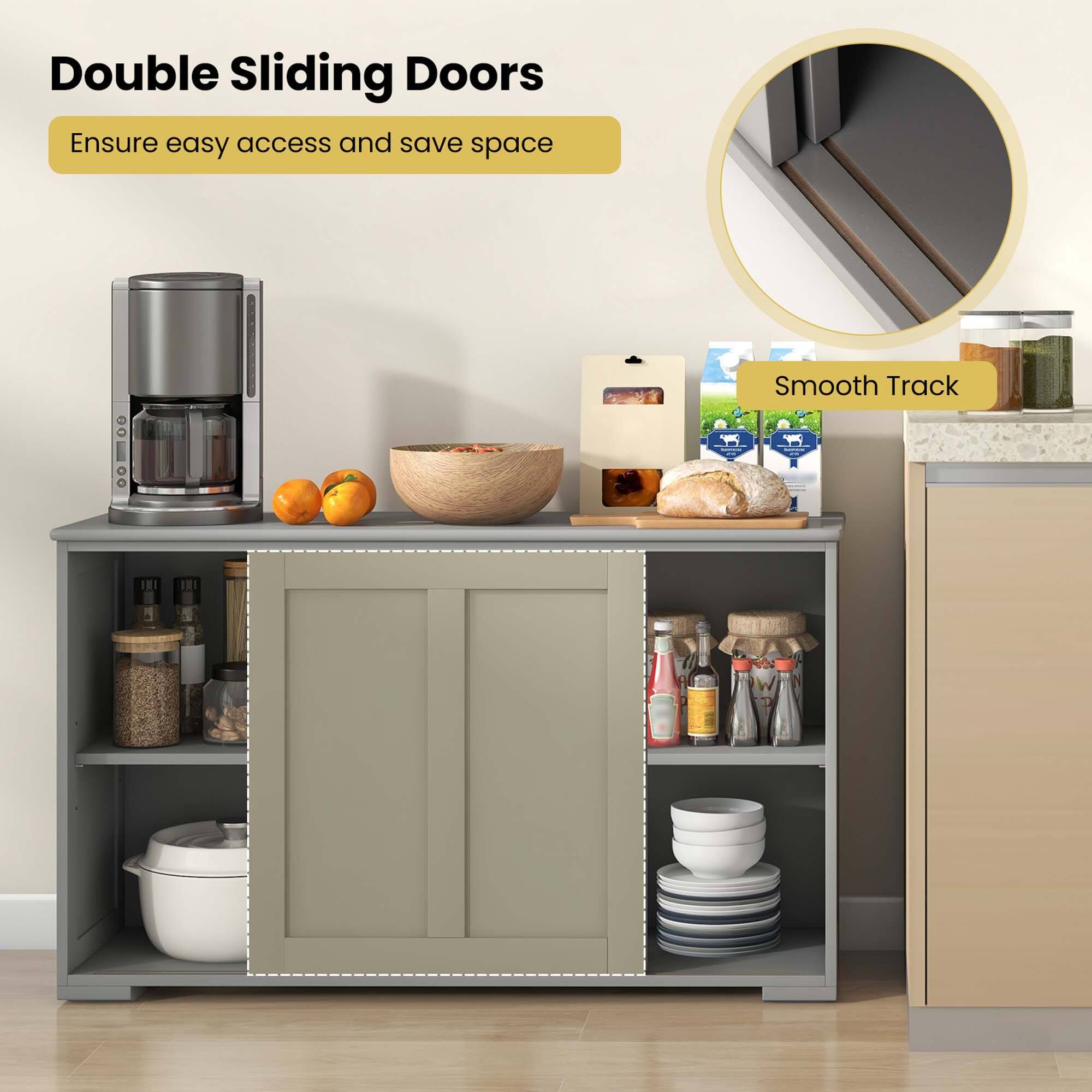 The text on the image is grouped as follows:

1. Double Sliding Doors: Ensure easy access and save space.
2. Smooth Track: C 1EI