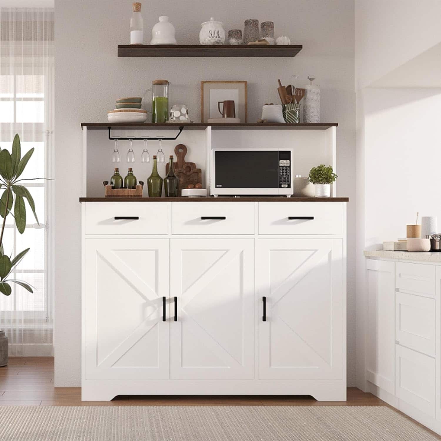 Acekool - Farmhouse Sideboard Buffet with Microwave Stand,Varied Storage with Drawers - White