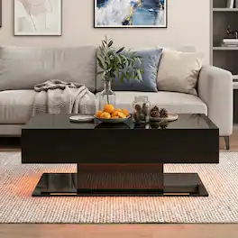 WELLFOR - 43.5" High Glossy LED Coffee Table with 2 Sliding Storage Drawers, Modern Rectangle Center Table for Living Room - Black