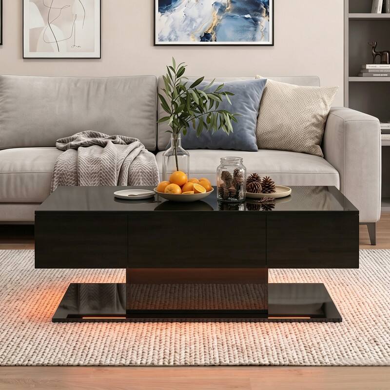 Front. WELLFOR - 43.5" High Glossy LED Coffee Table with 2 Sliding Storage Drawers, Modern Rectangle Center Table for Living Room - Black.