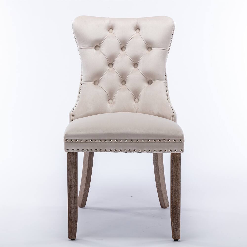 Angle. Loheer - Loheer Beige Velvet Dining Chairs Set of 2 Tufted High Back Upholstered Mid-Century Modern Solid Wood Legs Nailhead Trim - Beige.