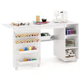 Costway - Folding Sewing Table with Storage Shelves 2 Storage Bins & 18 Pegs Lockable Casters - White