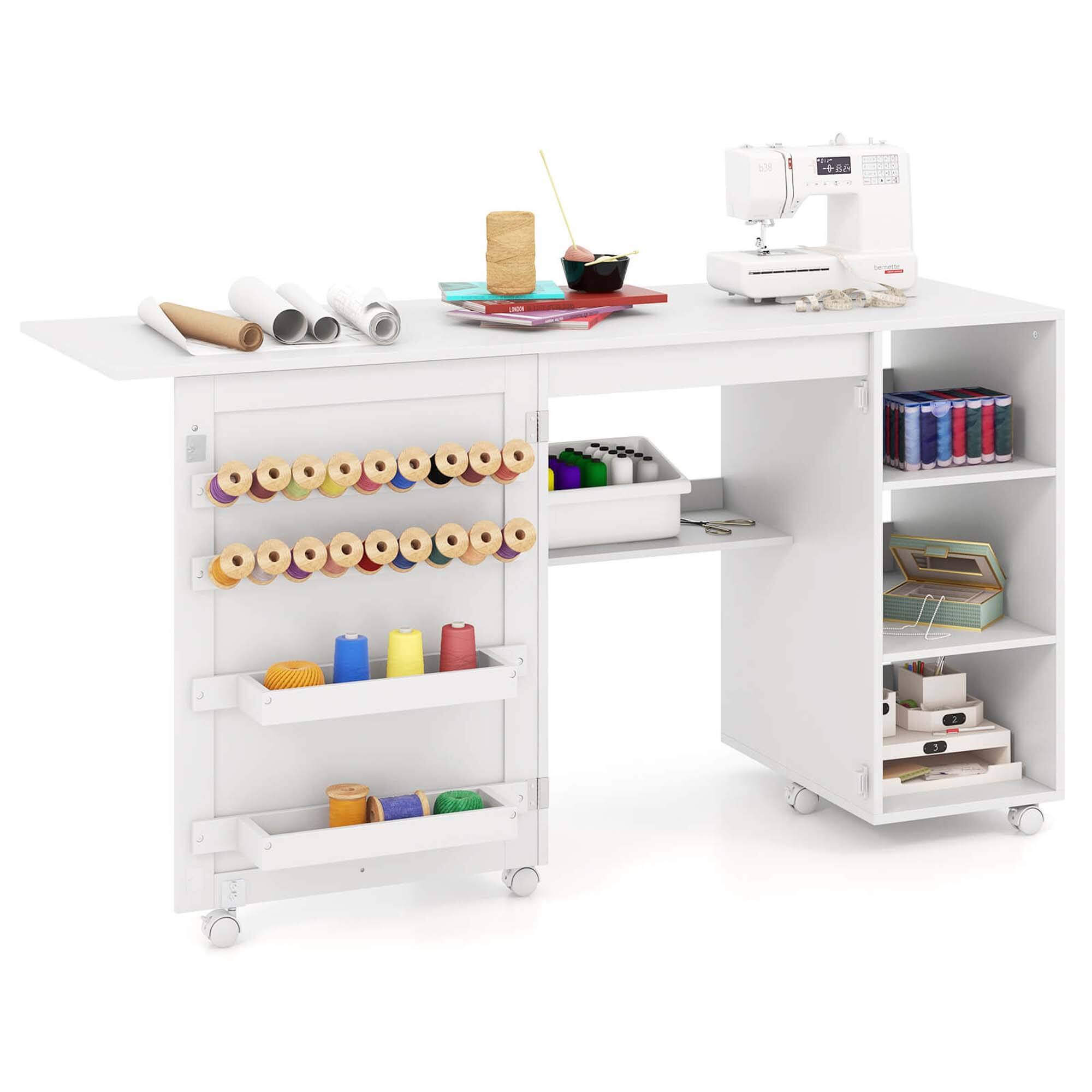 Front. Costway - Costway Folding Sewing Table with Storage Shelves 2 Storage Bins & 18 Pegs Lockable Casters - White.