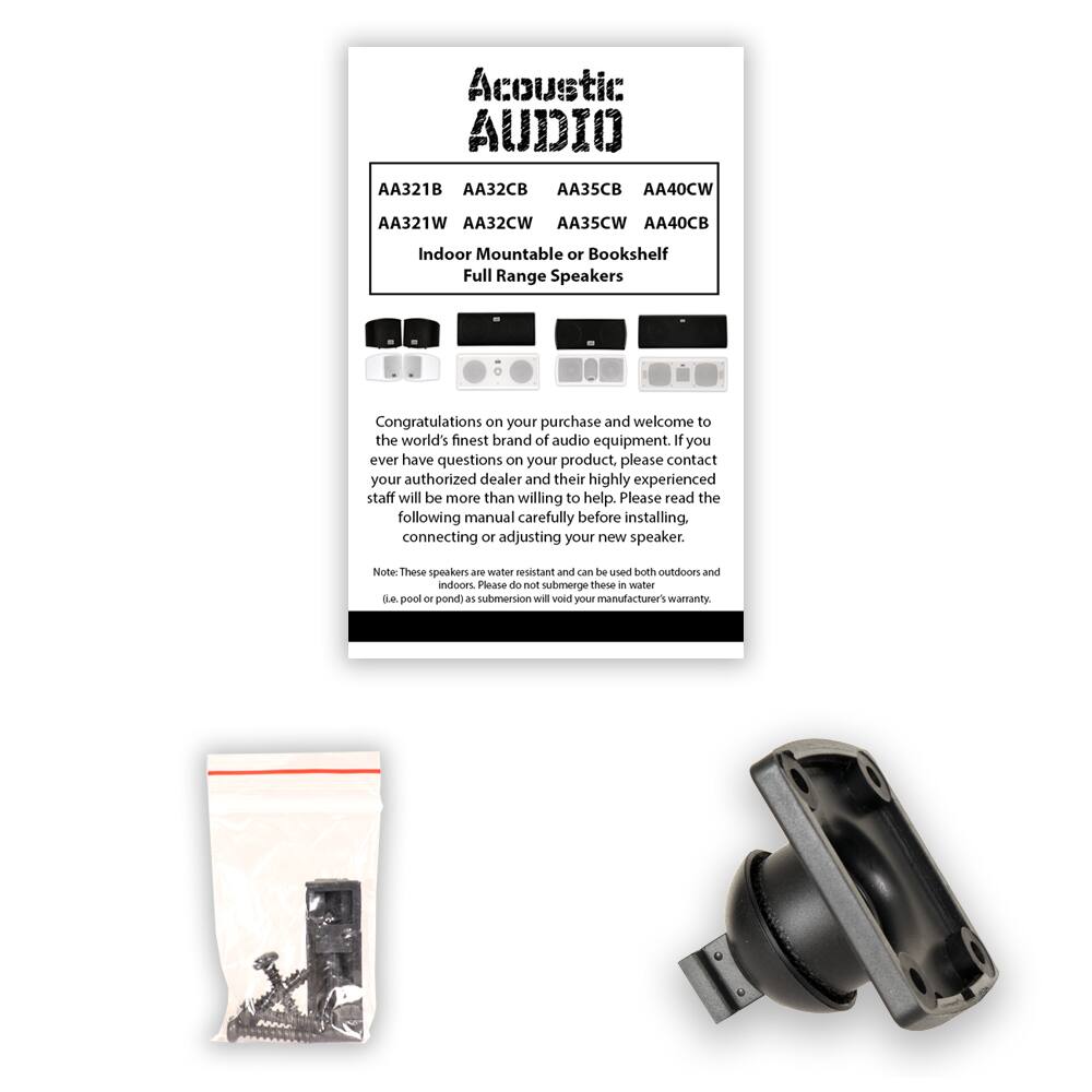 Acoustic AUDIO

AA321B AA32CB AA35CB AA40CW  
AA321W AA32CW AA35CW AA40CB

Indoor Mountable or Bookshelf  
Full Range Speakers

Congratulations on your purchase and welcome to the world's finest brand of audio equipment. If you ever have questions on your product, please contact your authorized dealer and their highly experienced staff will be more than willing to help. Please read the following manual carefully before installing, connecting or adjusting your new speaker.

Note: These speakers are water resistant and can be used both outdoors and indoors. Please do not submerge these in water (i.e., pool or pond) as submersion will void your manufacturer's warranty.