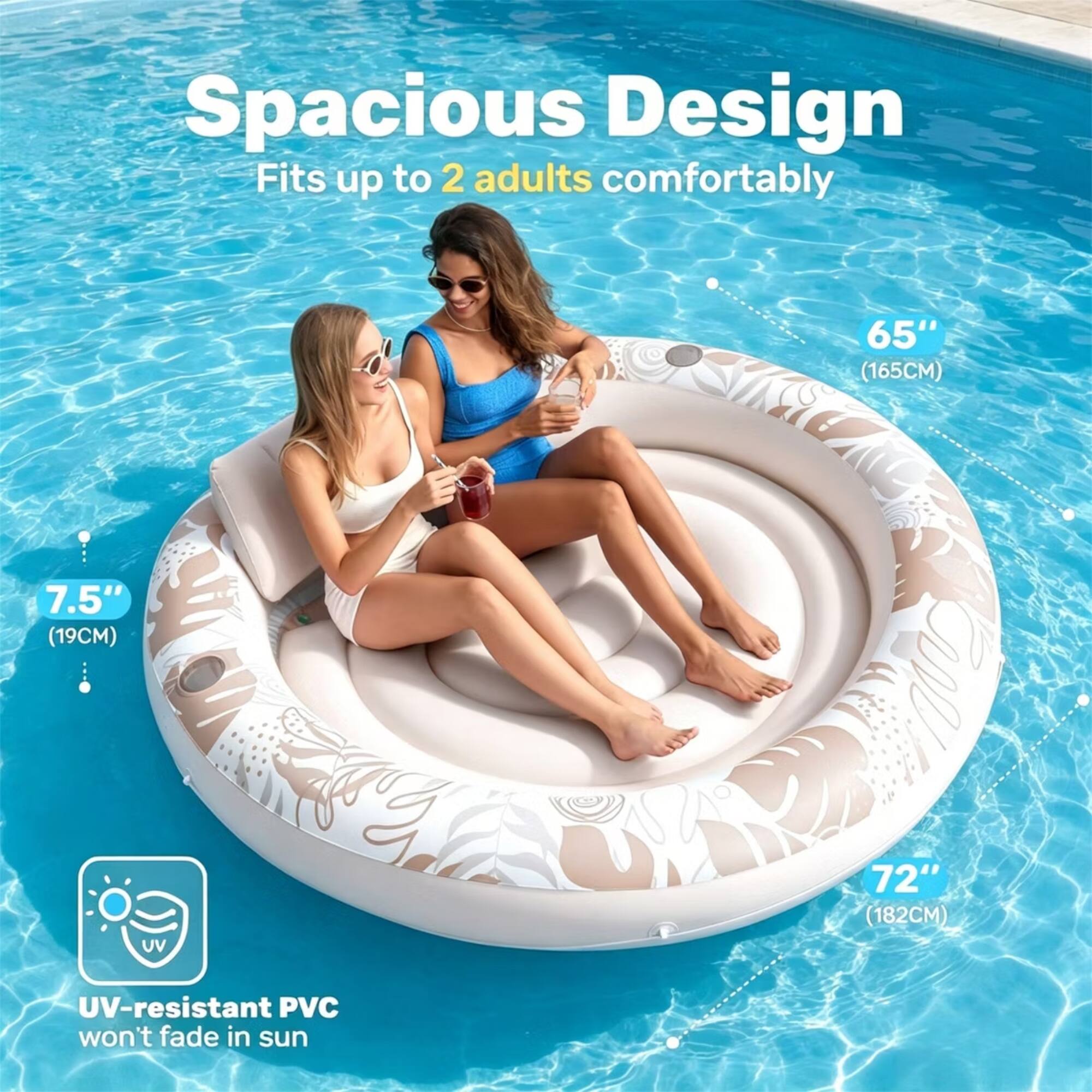 Spacious Design Fits up to 2 adults comfortably

65" (165CM)  
7.5" (19CM)  
72" (182CM)  

UV-resistant PVC won't fade in sun