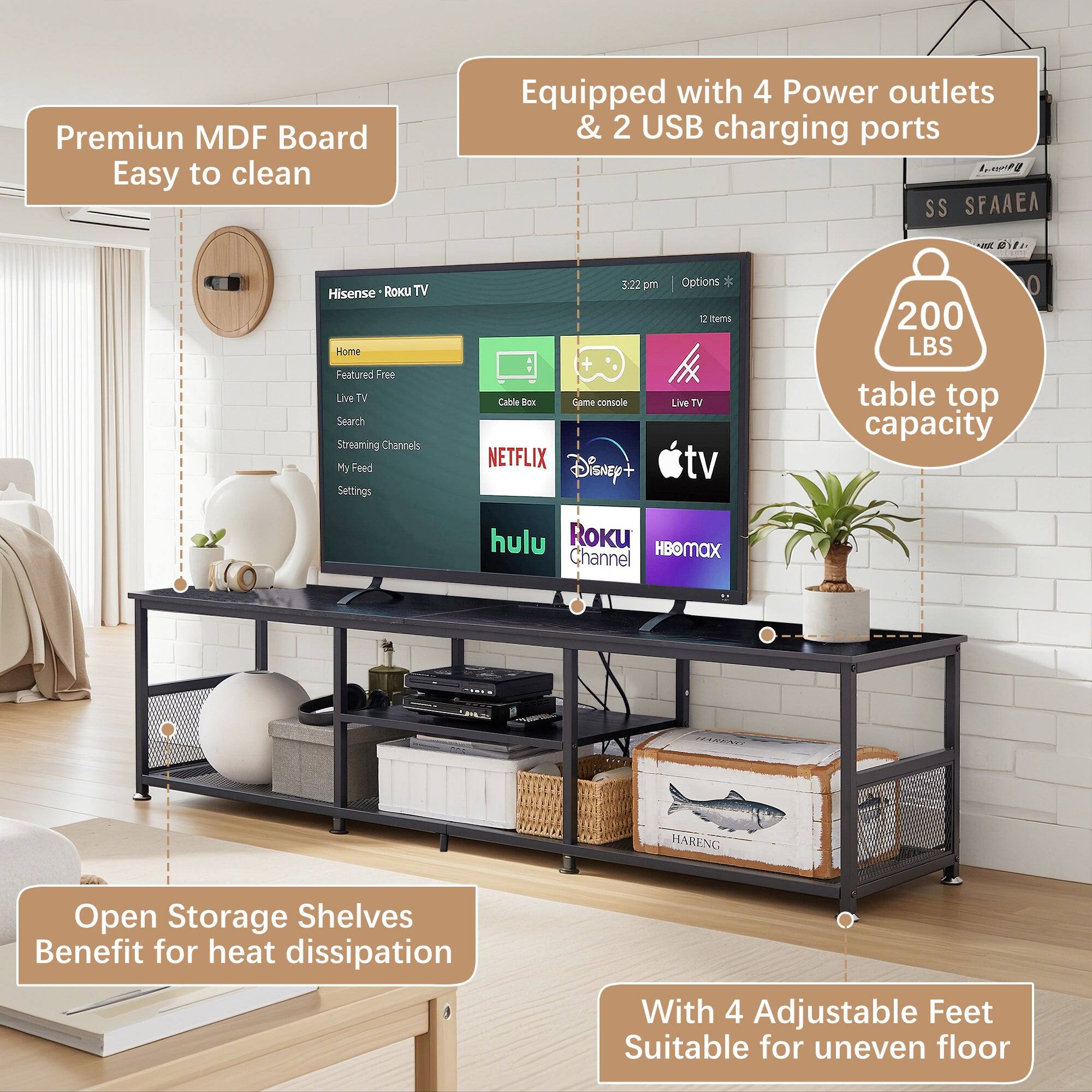 - Premium MDF Board Easy to clean
- Equipped with 4 Power outlets & 2 USB charging ports
- 200 LBS table top capacity
- Open Storage Shelves Benefit for heat dissipation
- With 4 Adjustable Feet Suitable for uneven floor