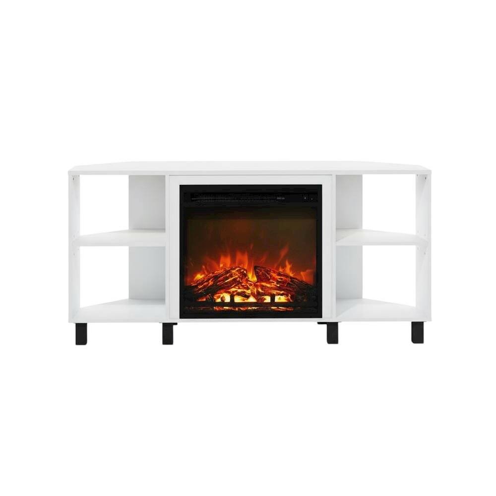 Alt View 3. FurniFact - White Corner Fireplace TV Stand with 4 Open Storage Compartments in Wood Finish - White.