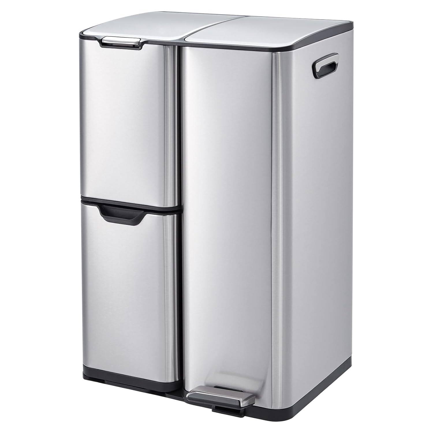 Front. Babevy - Triple Compartment Kitchen Trash & Recycling Bin – 16 Gallon Stainless Steel Indoor Waste Can - Silver.