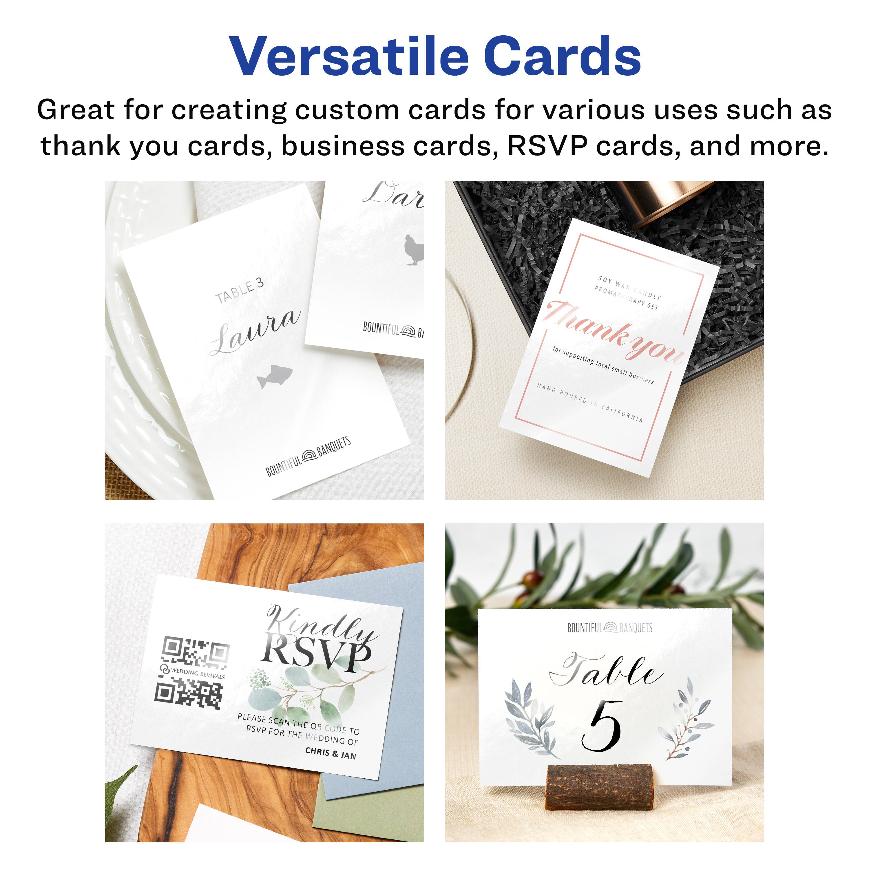 Versatile Cards  
Great for creating custom cards for various uses such as thank you cards, business cards, RSVP cards, and more.  

Dar  
Laura  
BOUNTIFUL BANQUETS  

Thank you for supporting local small business  
HAND-POURED CALIFORNIA  

Kindly RSVP  
PLEASE SCAN THE QR CODE TO RSVP FOR THE WEDDING OF CHRIS & JAN  

Table 5  
BOUNTIFUL BANQUETS