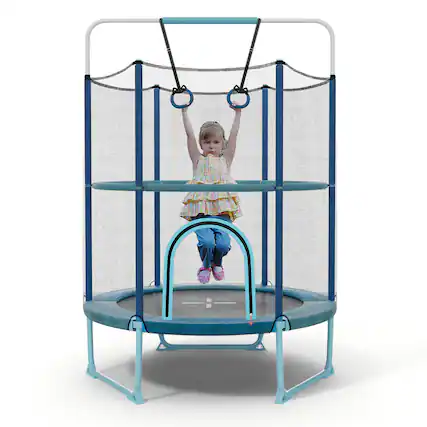 Front. Gymax - Gymax 60'' Trampoline for Kids w/ Gymnastic Bar Rings Foamed Handle No Gap Design Blue - Blue.