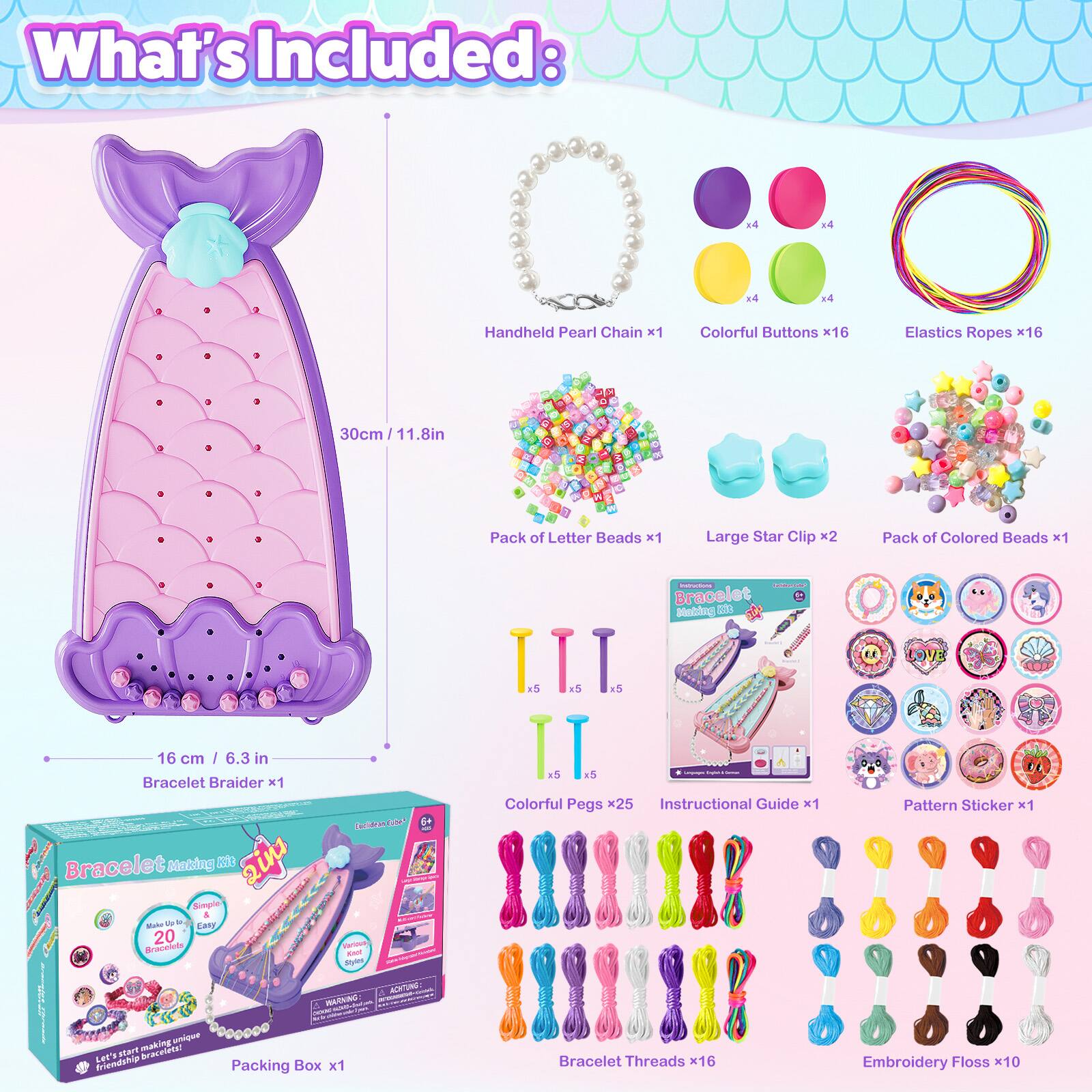 What's Included:

- Handheld Pearl Chain x1
- Colorful Buttons x16
- Elastics Ropes x16
- Pack of Letter Beads x1
- Large Star Clip x2
- Pack of Colored Beads x1
- Colorful Pegs x25
- Instructional Guide x1
- LOVE Pattern Sticker x1
- Packing Box x1
- Bracelet Threads x16
- Embroidery Floss x10

Bracelet Braider x1 (16 cm / 6.3 in)
Handheld Pearl Chain x1 (30cm / 11.8in)