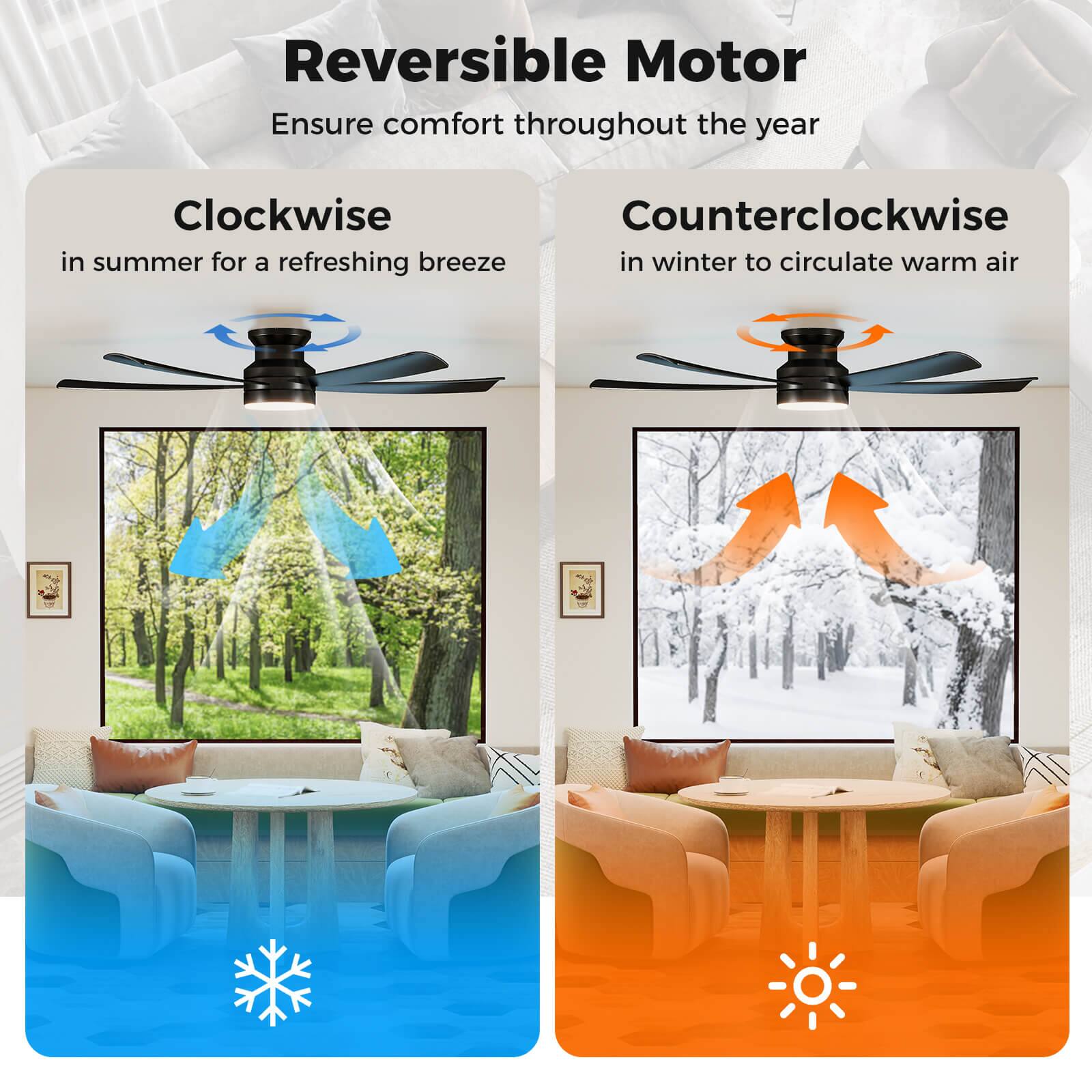 Reversible Motor  
Ensure comfort throughout the year  

Clockwise  
in summer for a refreshing breeze  

Counterclockwise  
in winter to circulate warm air