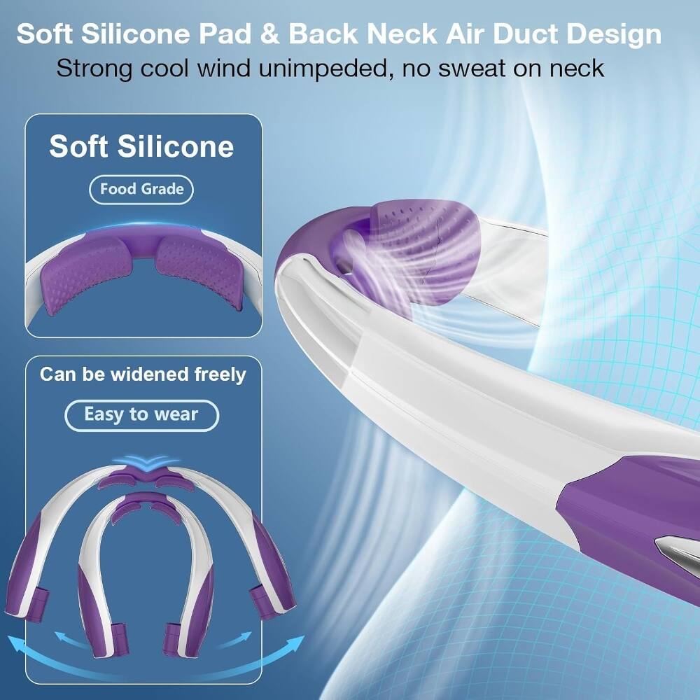 Soft Silicone Pad & Back Neck Air Duct Design  
Strong cool wind unimpeded, no sweat on neck  

Soft Silicone  
Food Grade  

Can be widened freely  
Easy to wear