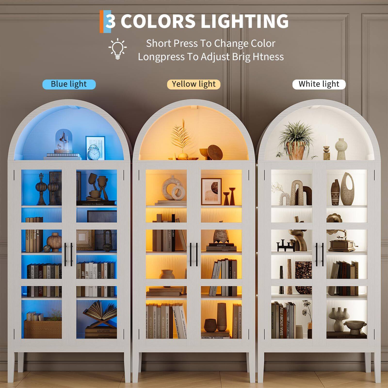3 COLORS LIGHTING  
Short Press To Change Color  
Longpress To Adjust Brightness  

Blue light  
Yellow light  
White light