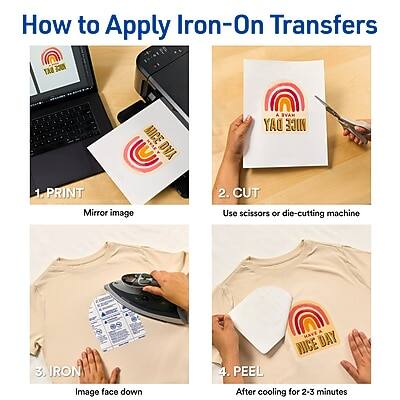 How to Apply Iron-On Transfers

1. PRINT
   - Mirror image

2. CUT
   - Use scissors or die-cutting machine

3. IRON
   - Image face down

4. PEEL
   - After cooling for 2-3 minutes