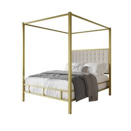 Hivvago - King size Metal Canopy Bed with Upholstered Button-Tufted Headboard - Gold