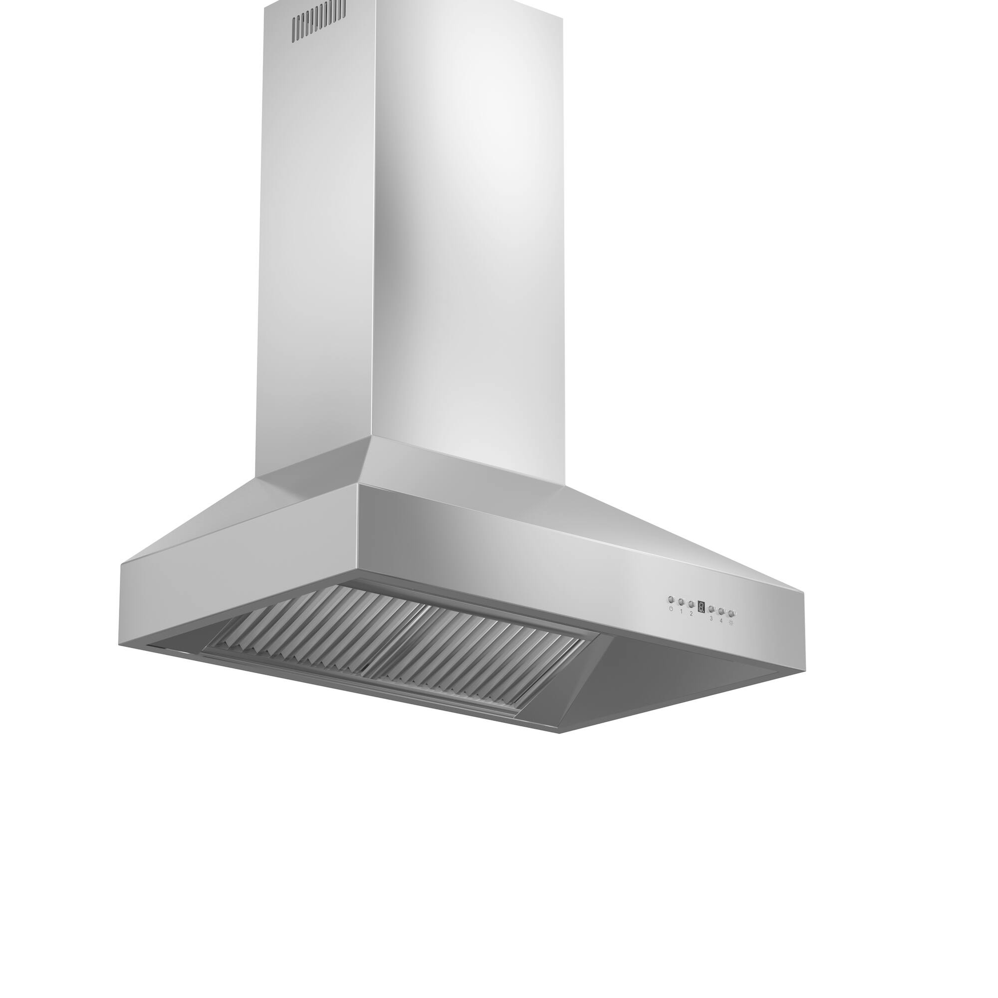 The image shows a stainless steel range hood with a ventilation fan. The fan is located at the top of the hood and is designed to remove cooking odors and smoke from the kitchen. The hood is made of stainless steel, which is a durable and easy-to-clean material. The fan is likely connected to an exhaust system that directs the odors and smoke outside, providing a fresh and clean environment in the kitchen.