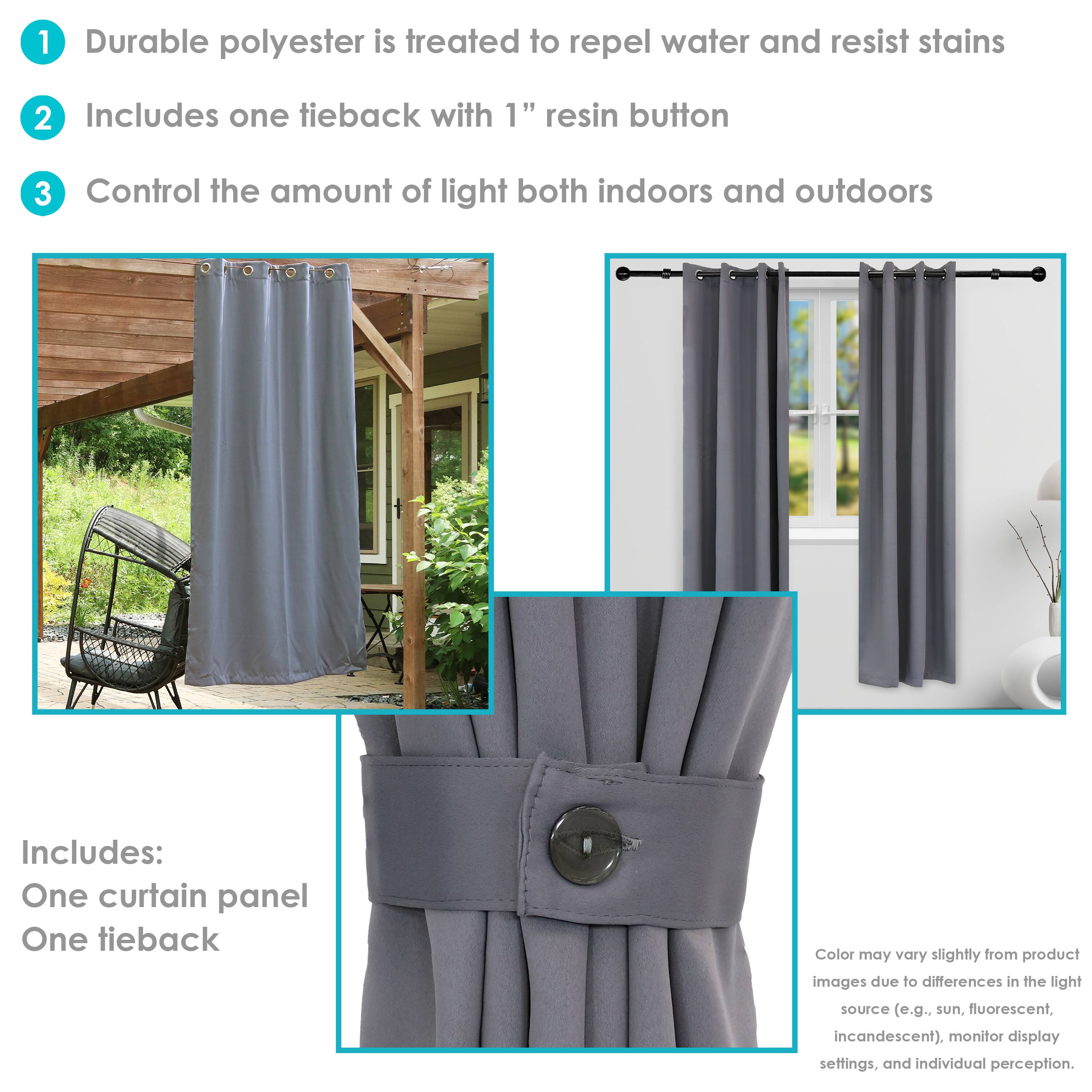 1. Durable polyester is treated to repel water and resist stains.
2. Includes one tieback with 1" resin button.
3. Control the amount of light both indoors and outdoors.

Includes:
- One curtain panel
- One tieback

Color may vary slightly from product images due to differences in the light source (e.g., sun, fluorescent, incandescent), monitor display settings, and individual perception.