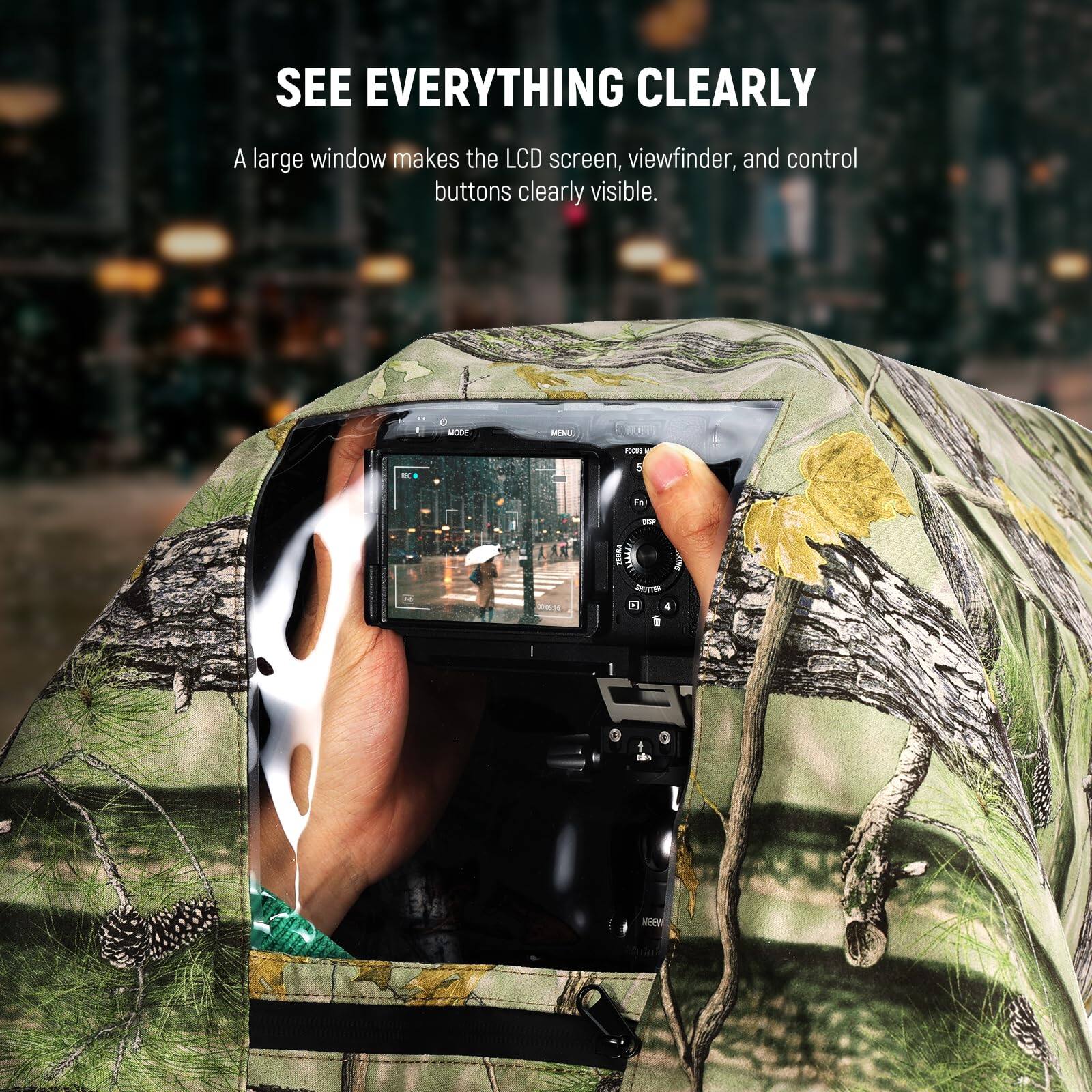 SEE EVERYTHING CLEARLY

A large window makes the LCD screen, viewfinder, and control buttons clearly visible.