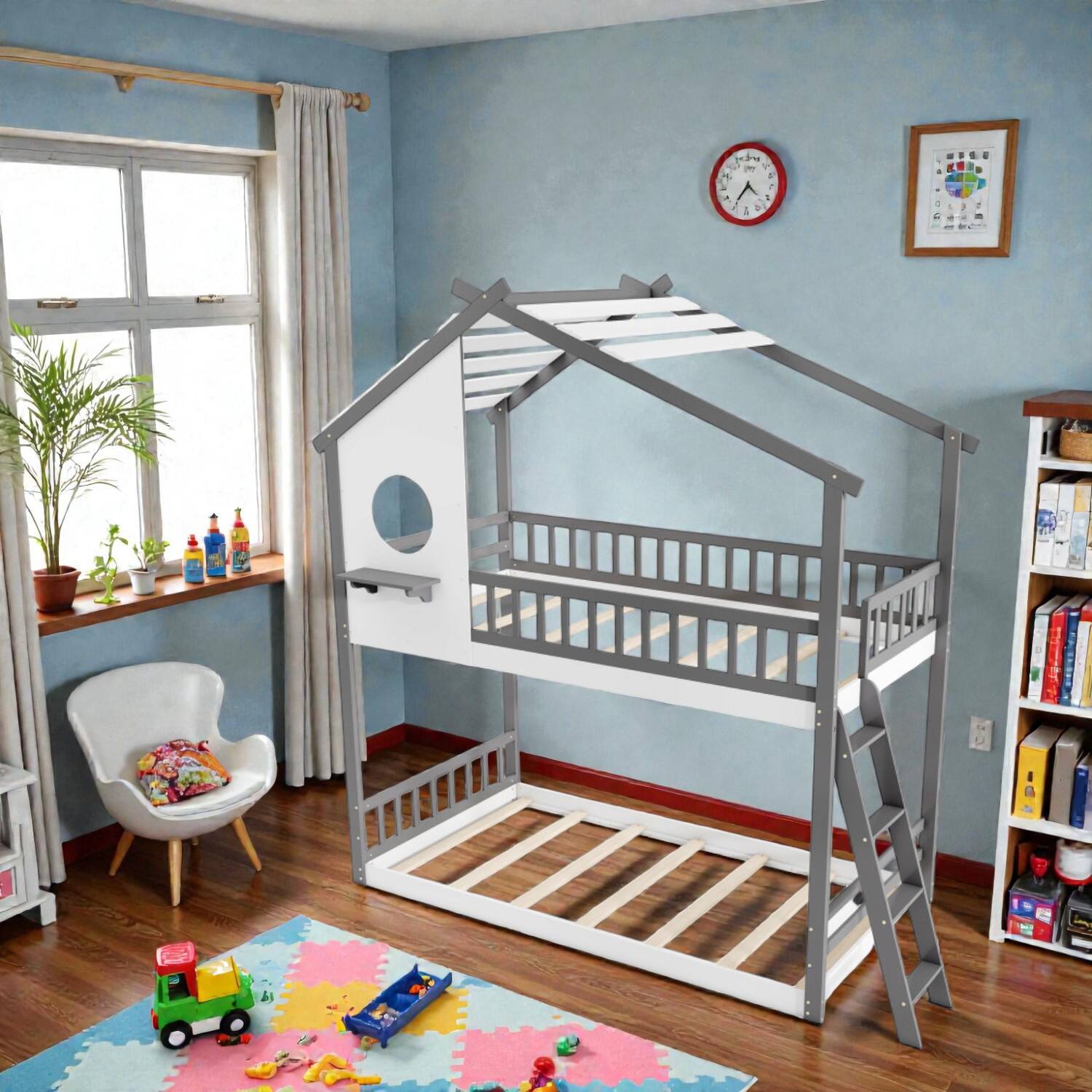 Hivvago - Playhouse Twin Over Twin Bed with Roof Top and Protective Rails - Gray & White