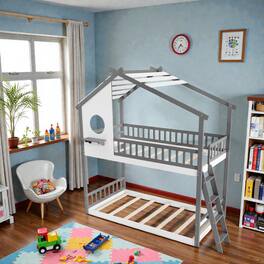 Hivvago - Playhouse Twin Over Twin Bed with Roof Top and Protective Rails - Gray & White