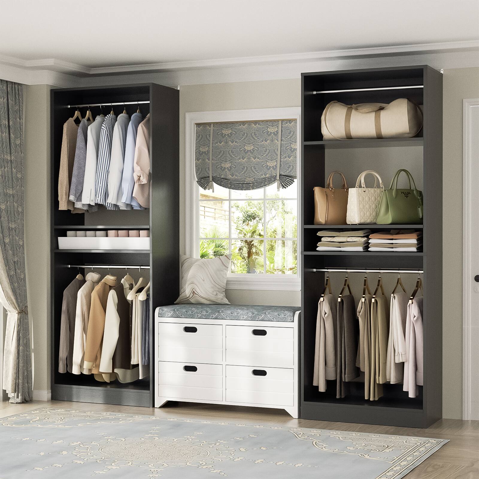 Angle. Aheaplus - 50'' Closet Organizer System, Set of 2, Walk-in Closet Storage & Organizer with 4 Hanging Rods and Adjustable Shelves - Black.